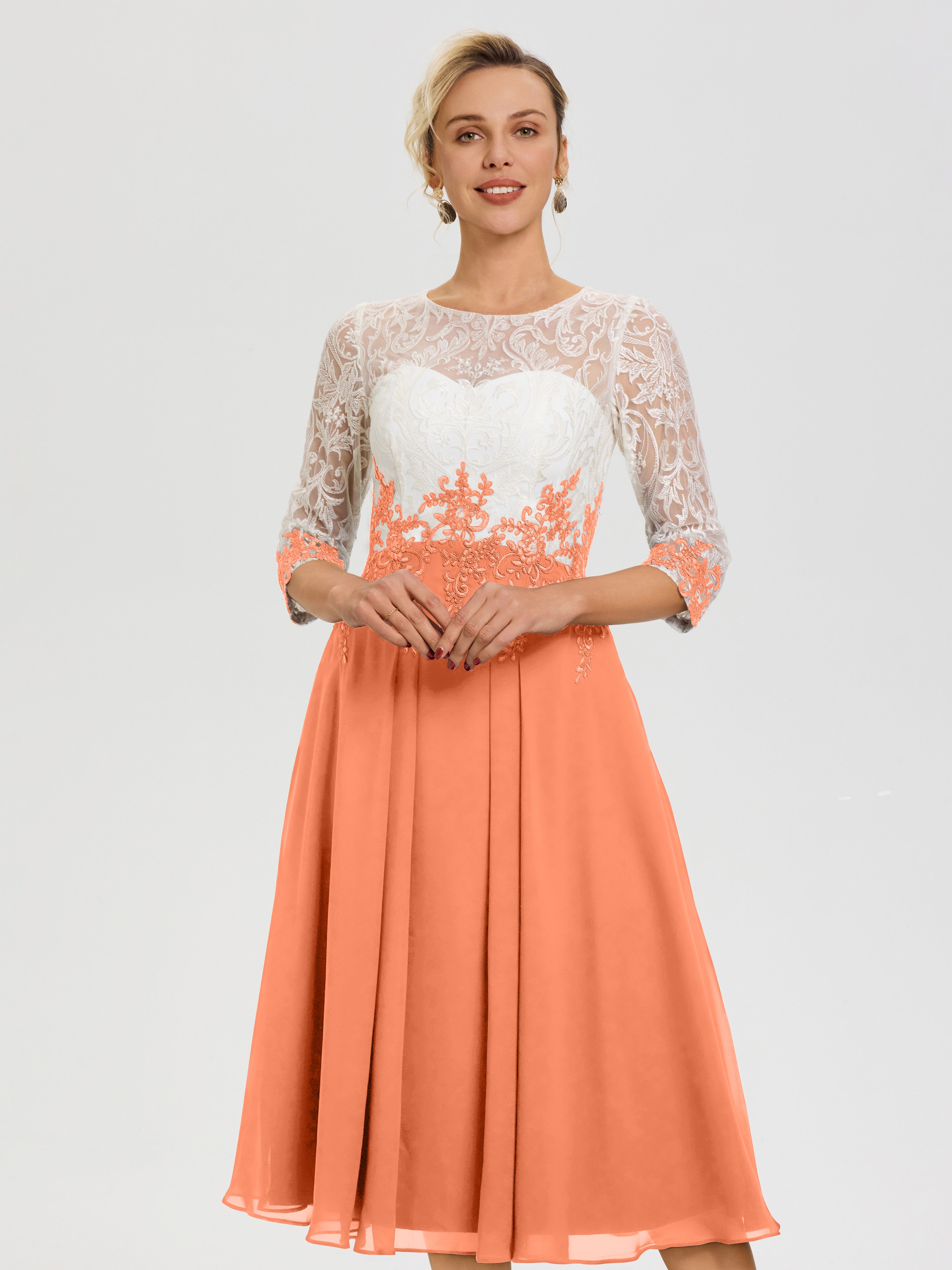 Papaya Mother Of The Bride Dresses Illusion Sleeves Sweetheart Lace Appliqued Tea-Length Chiffon Mother Of The Bride Dress Papaya Mother Of The Bride Dresses Illusion Sleeves Sweetheart Lace Appliqued Tea-Length Chiffon Mother Of The Bride Dress