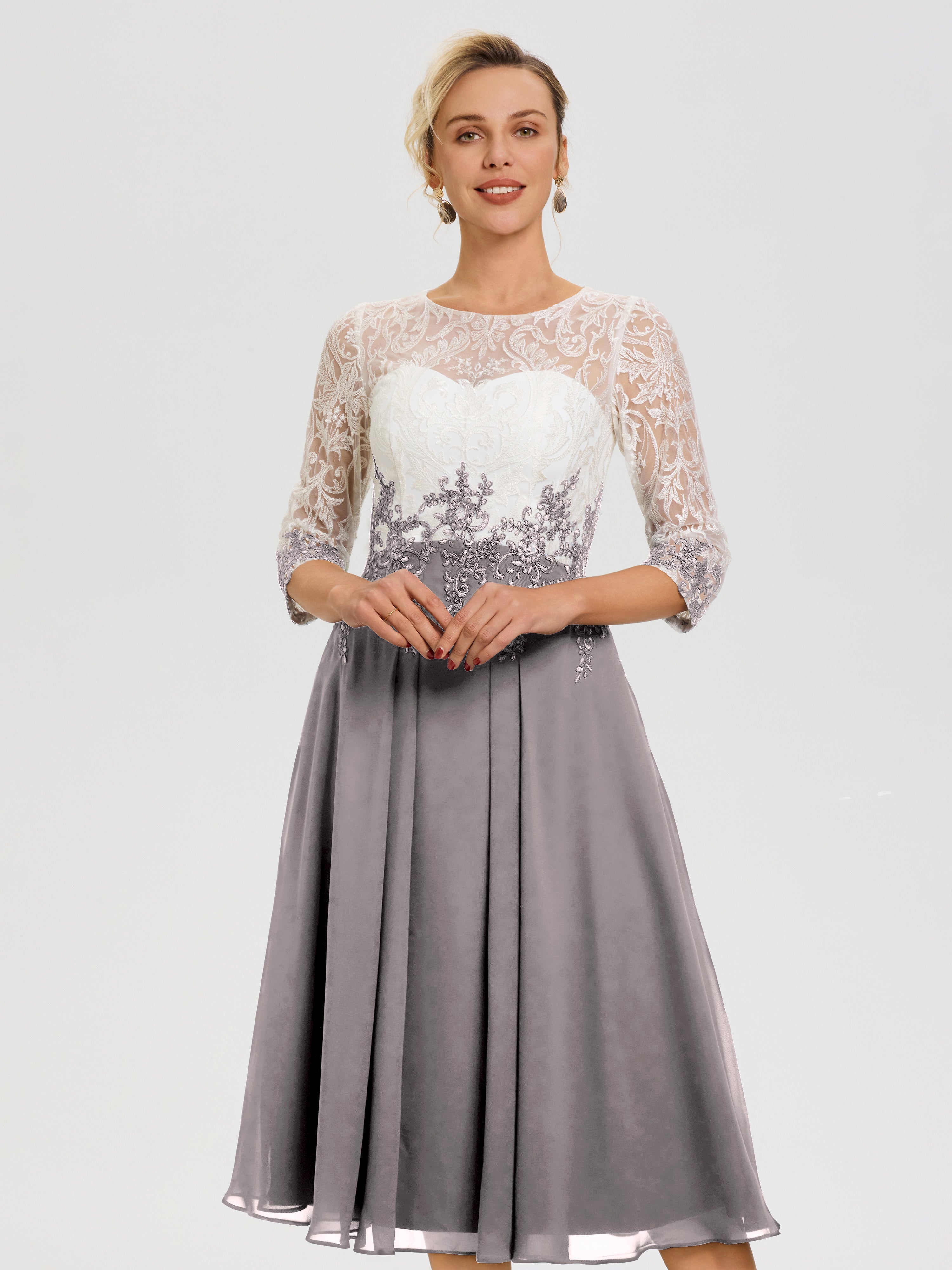 Mother Of Bride Dresses Silver Illusion Sleeves Sweetheart Lace Appliqued Tea-Length Chiffon Mother Of The Bride Dress Mother Of Bride Dresses Silver Illusion Sleeves Sweetheart Lace Appliqued Tea-Length Chiffon Mother Of The Bride Dress