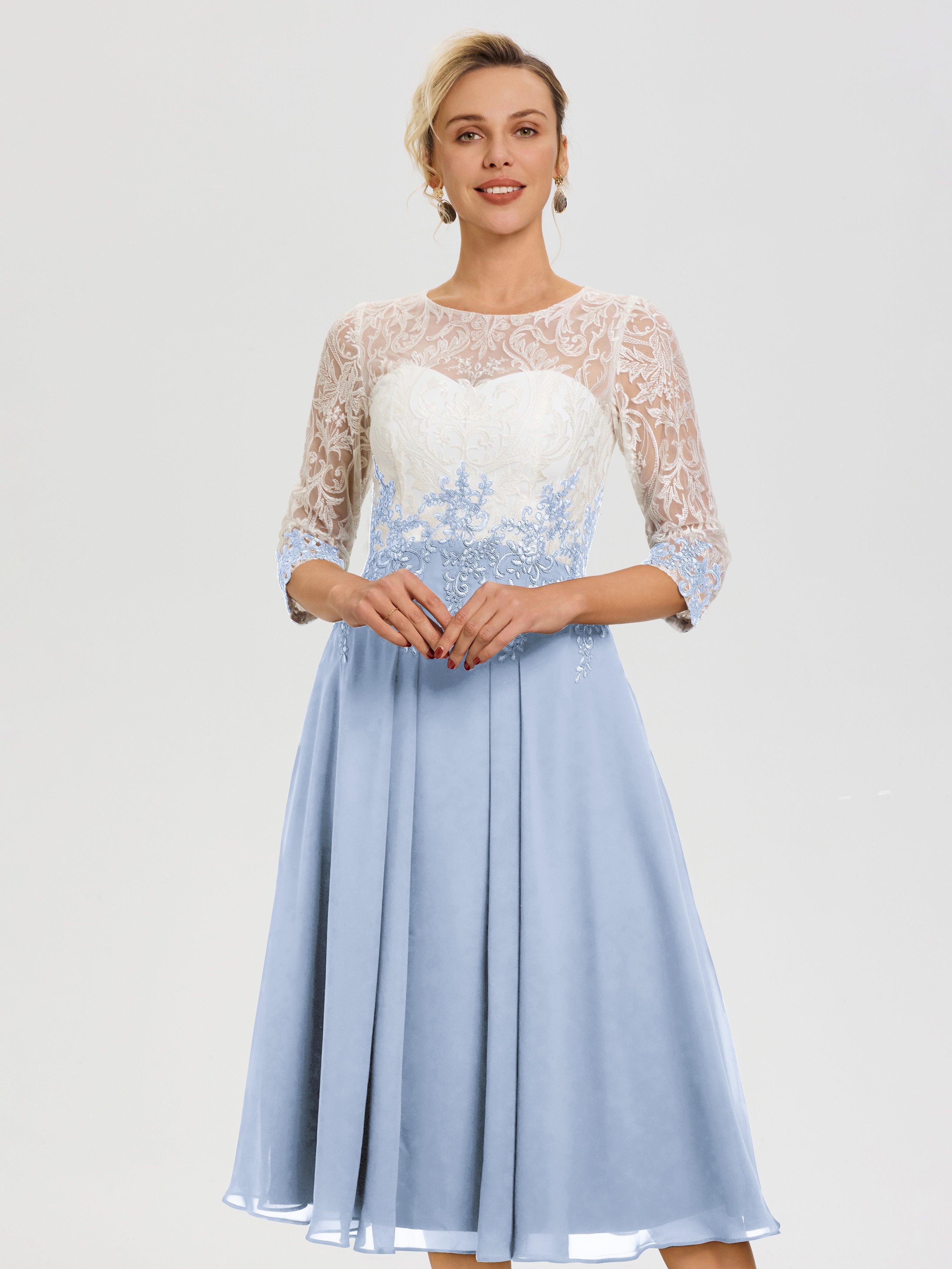 sky blue mother of the bride dress Sky Blue Mother Of Bride Dress Illusion Sleeves Sweetheart Lace Appliqued Tea-Length Chiffon Mother Of The Bride Dress