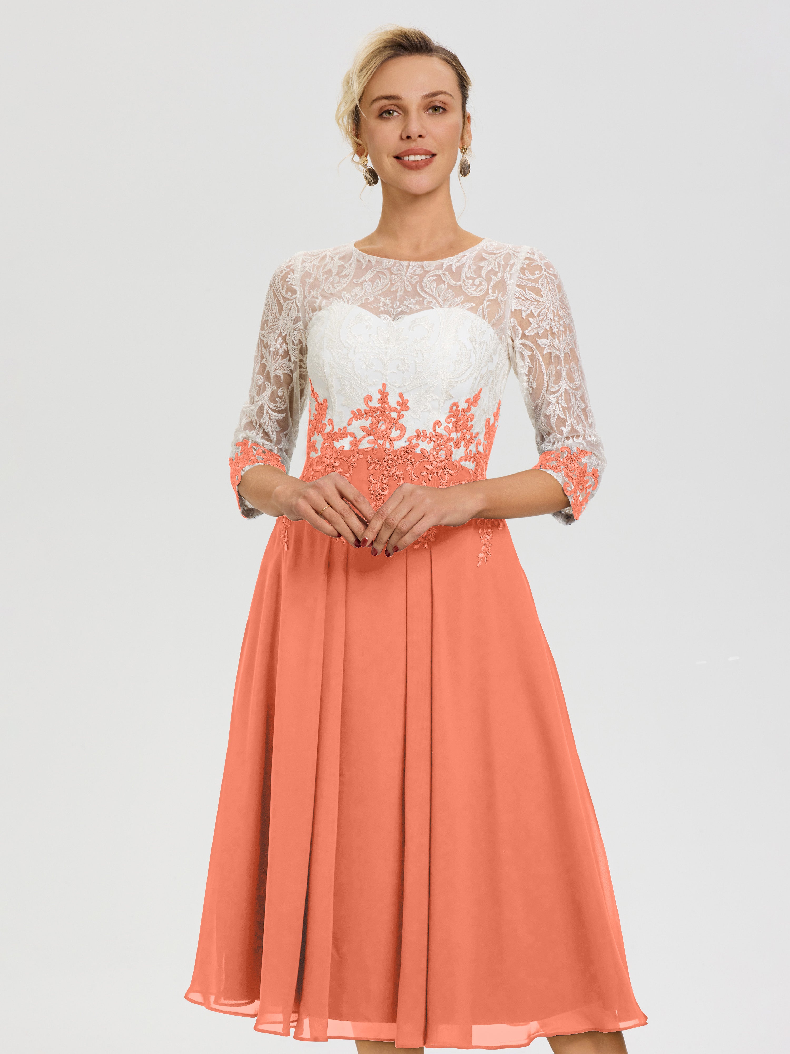 Sunset Mother Of Bride Dress Illusion Sleeves Sweetheart Lace Appliqued Tea-Length Chiffon Mother Of The Bride Dress Sunset Mother Of Bride Dress Illusion Sleeves Sweetheart Lace Appliqued Tea-Length Chiffon Mother Of The Bride Dress