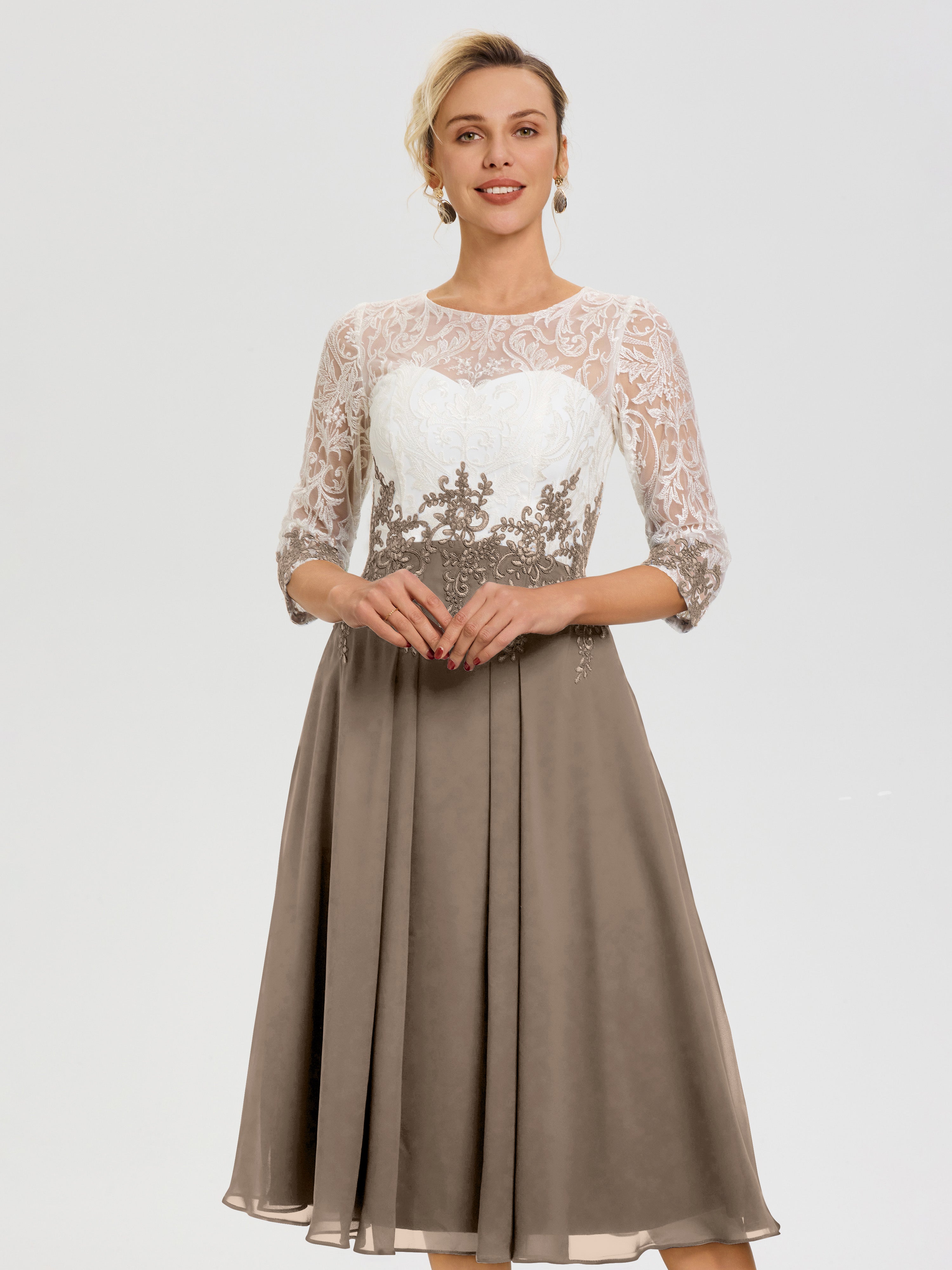 Dark Taupe Mother Of The Bride Dress Illusion Sleeves Sweetheart Lace Appliqued Tea-Length Chiffon Mother Of The Bride Dress Dark Taupe Mother Of The Bride Dress Illusion Sleeves Sweetheart Lace Appliqued Tea-Length Chiffon Mother Of The Bride Dress