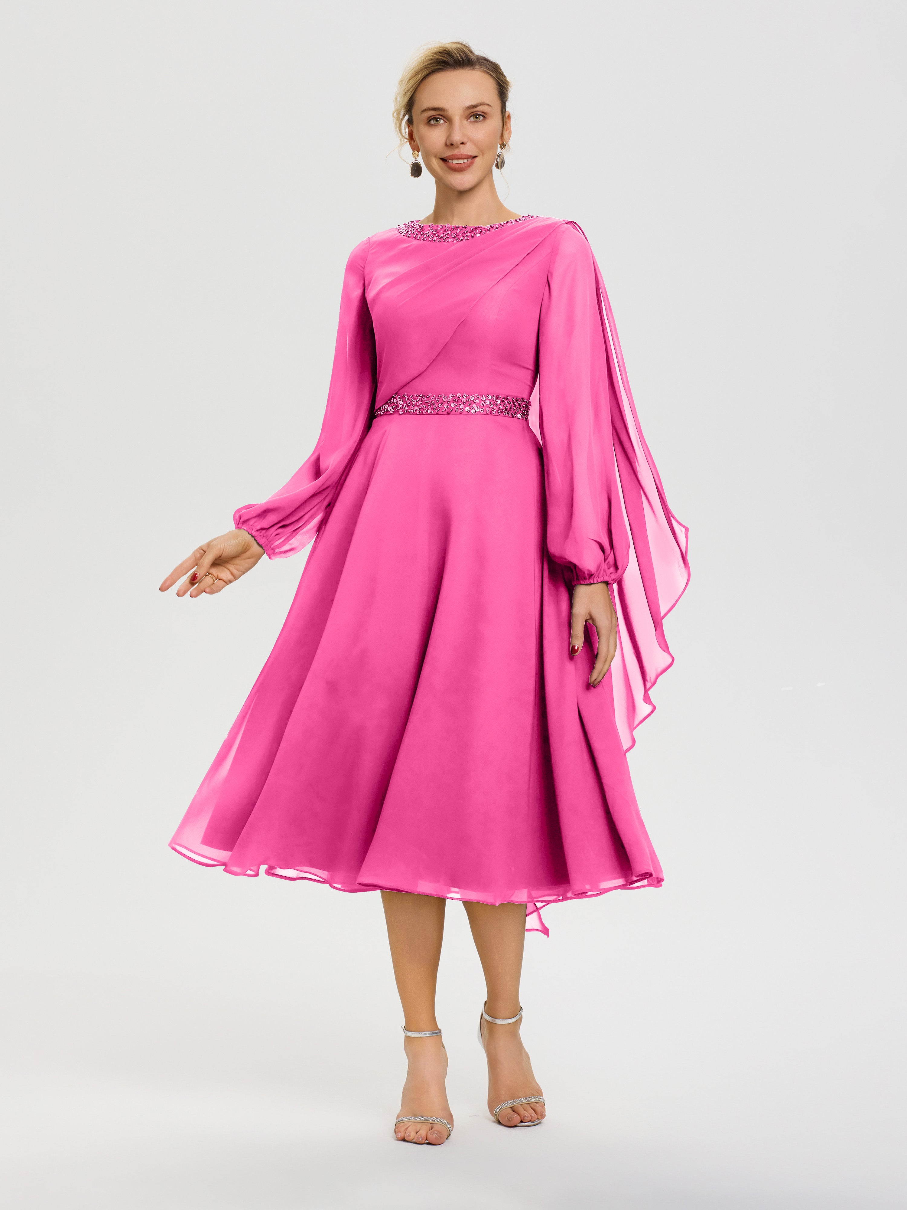 Mother Of The Bride Dress In Azalea Elegant A-Line Beading Long Sleeve