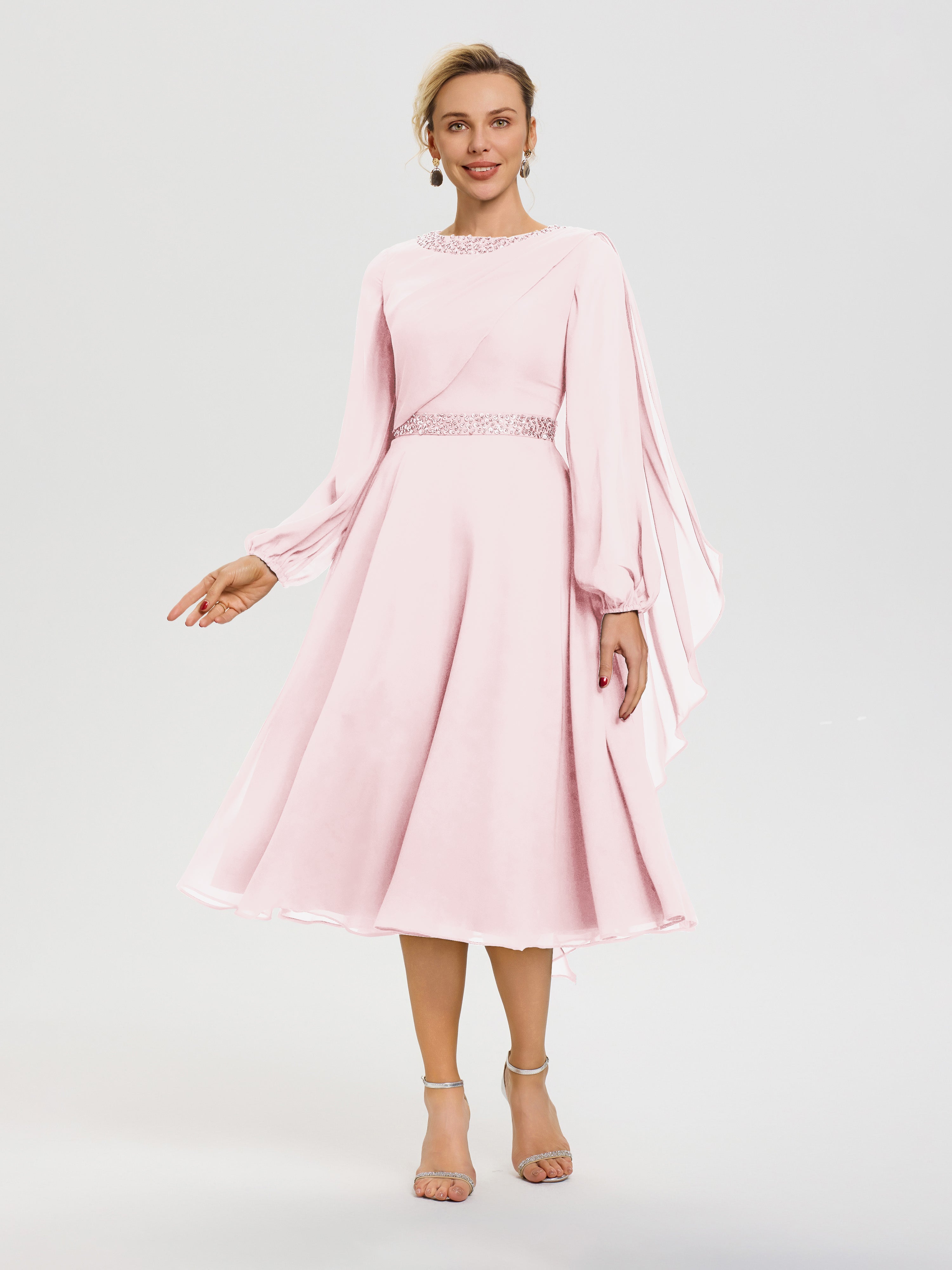 Blush Pink Mother Of The Bride Elegant A-Line Beading Long Sleeves Tea Blush Pink Mother Of The Bride Elegant A-Line Beading Long Sleeves Tea