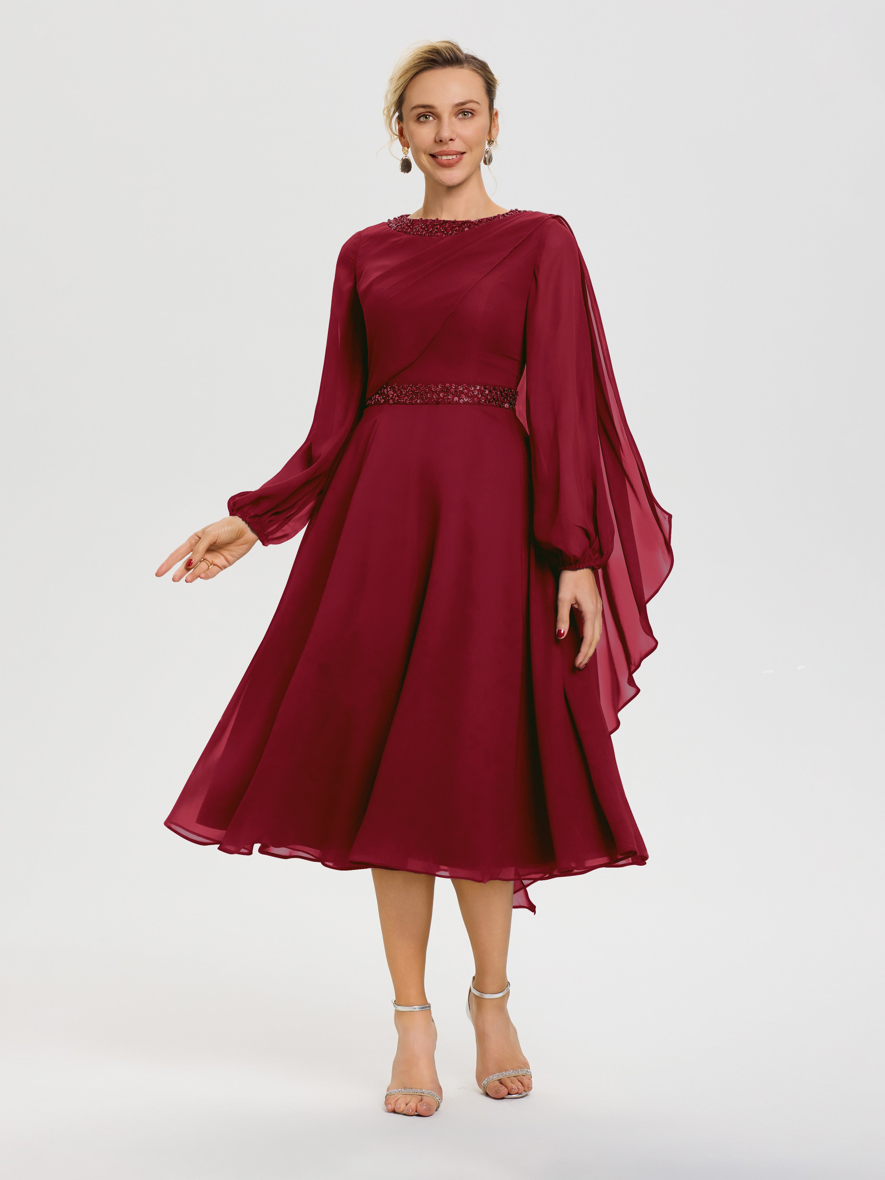 Mother Of Bride Burgundy Dress Elegant A-Line Beading Long Sleeves Tea Mother Of Bride Burgundy Dress Elegant A-Line Beading Long Sleeves Tea