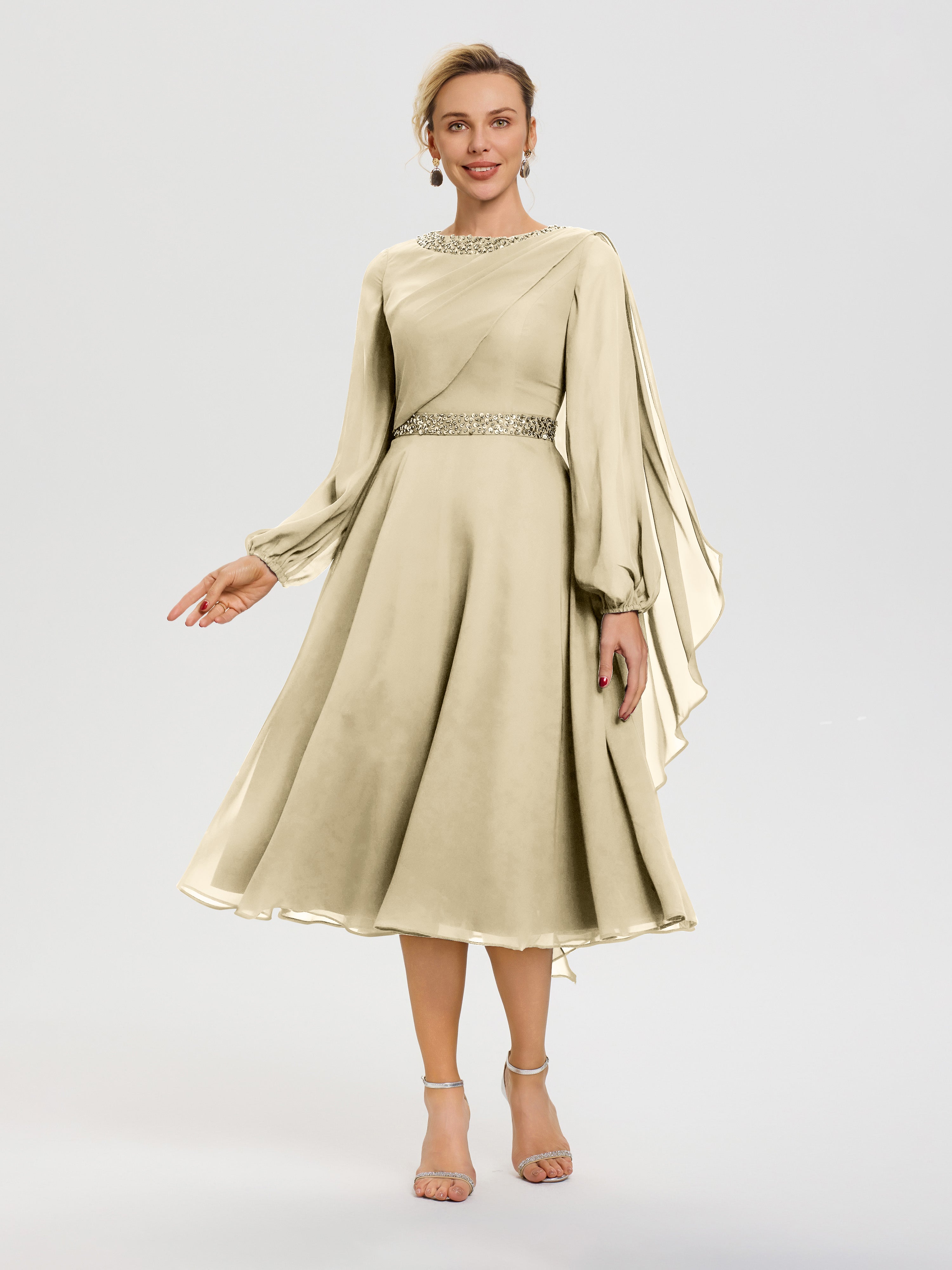 Mother Of The Bride Dresses Champagne Color Elegant A-Line Beading Lon Mother Of The Bride Dresses Champagne Color Elegant A-Line Beading Lon