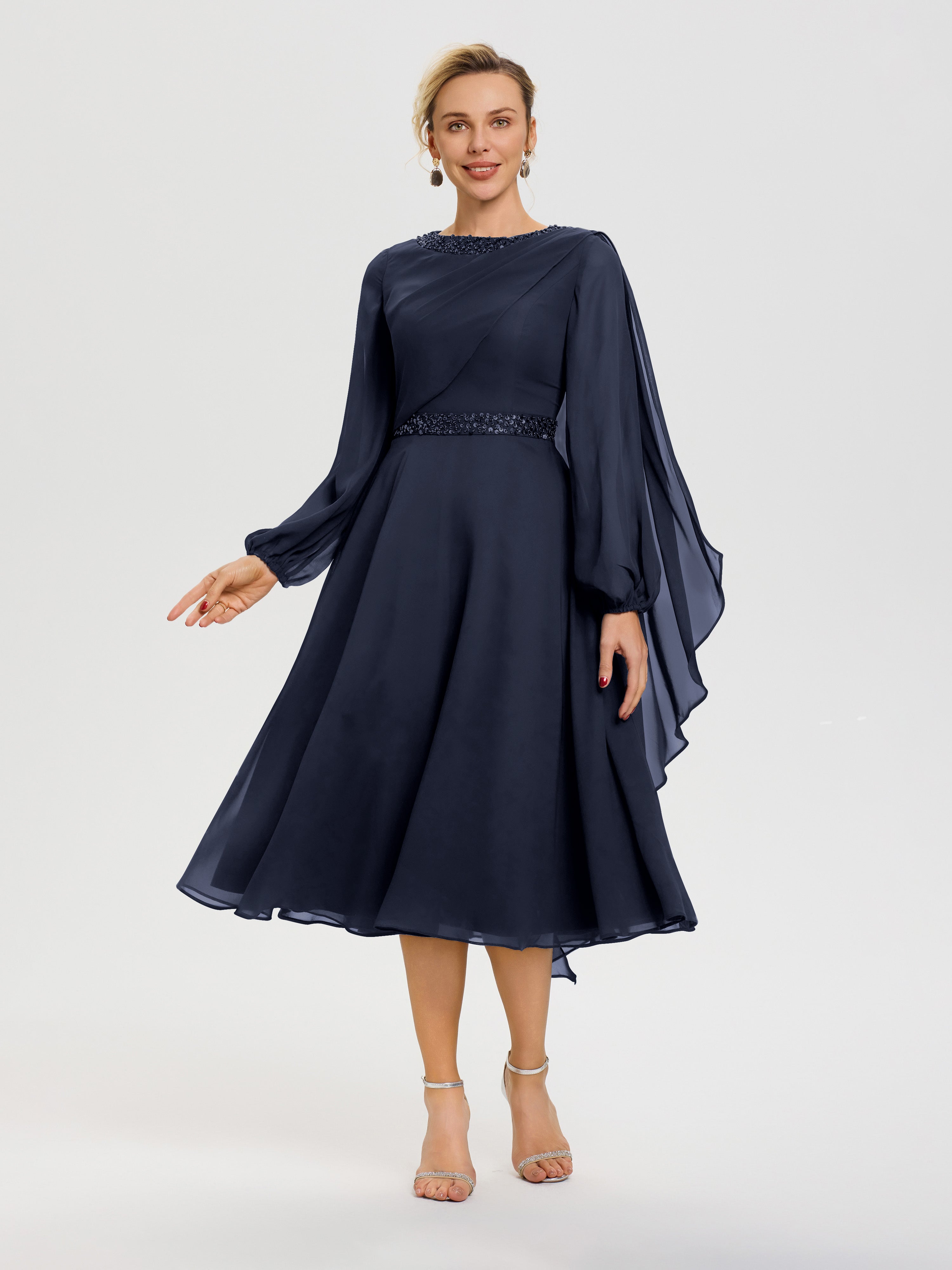 navy blue mob dresses Mother Of The Bride Dresses In Navy Elegant A-Line Beading Long Sleeve
