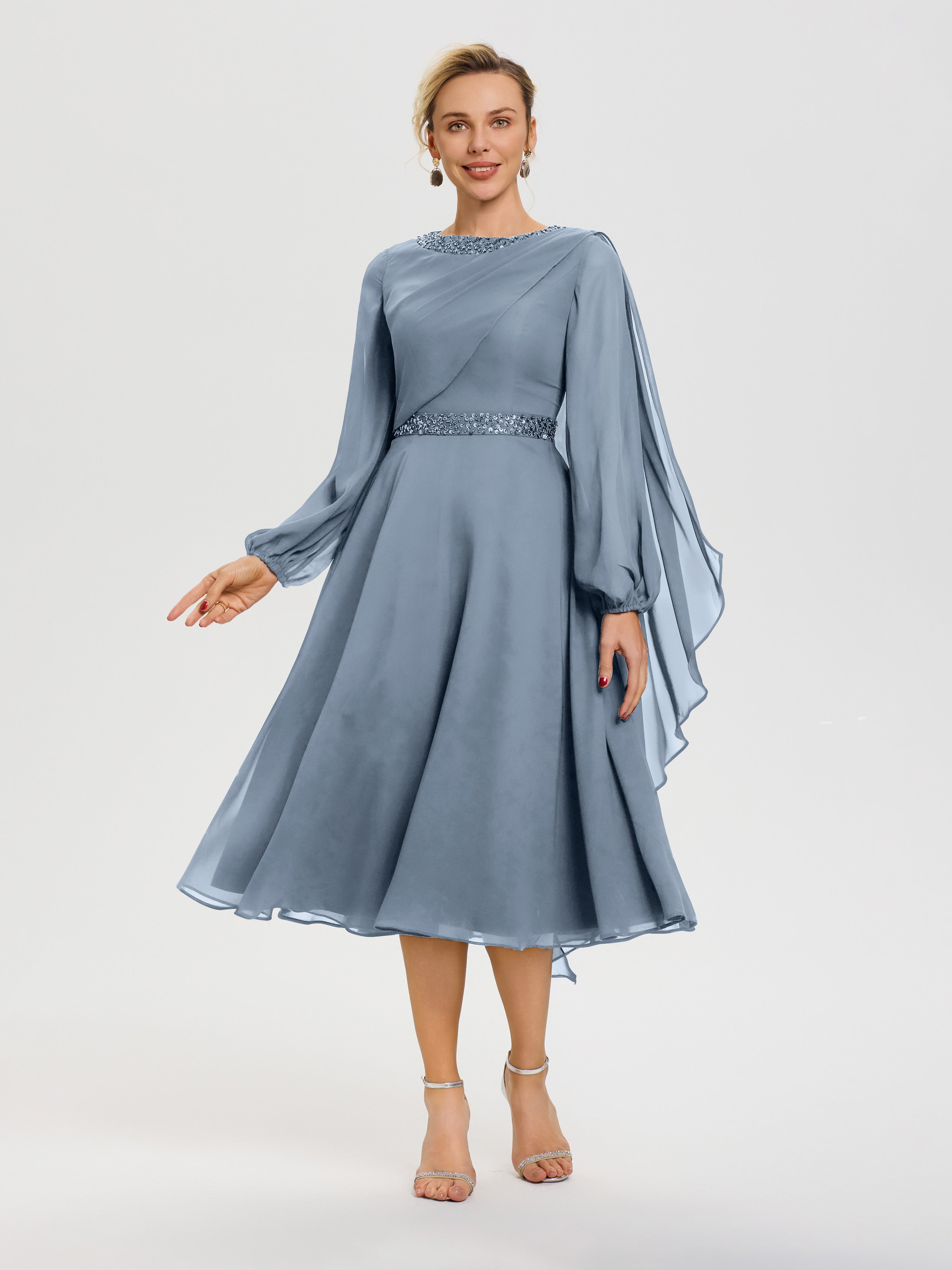 Dusty Blue Dress Mother Of The Bride Elegant A-Line Beading Long Sleeves Tea-Length Chiffon Mother Of The Bride Dress Dusty Blue Dress Mother Of The Bride Elegant A-Line Beading Long Sleeves Tea-Length Chiffon Mother Of The Bride Dress