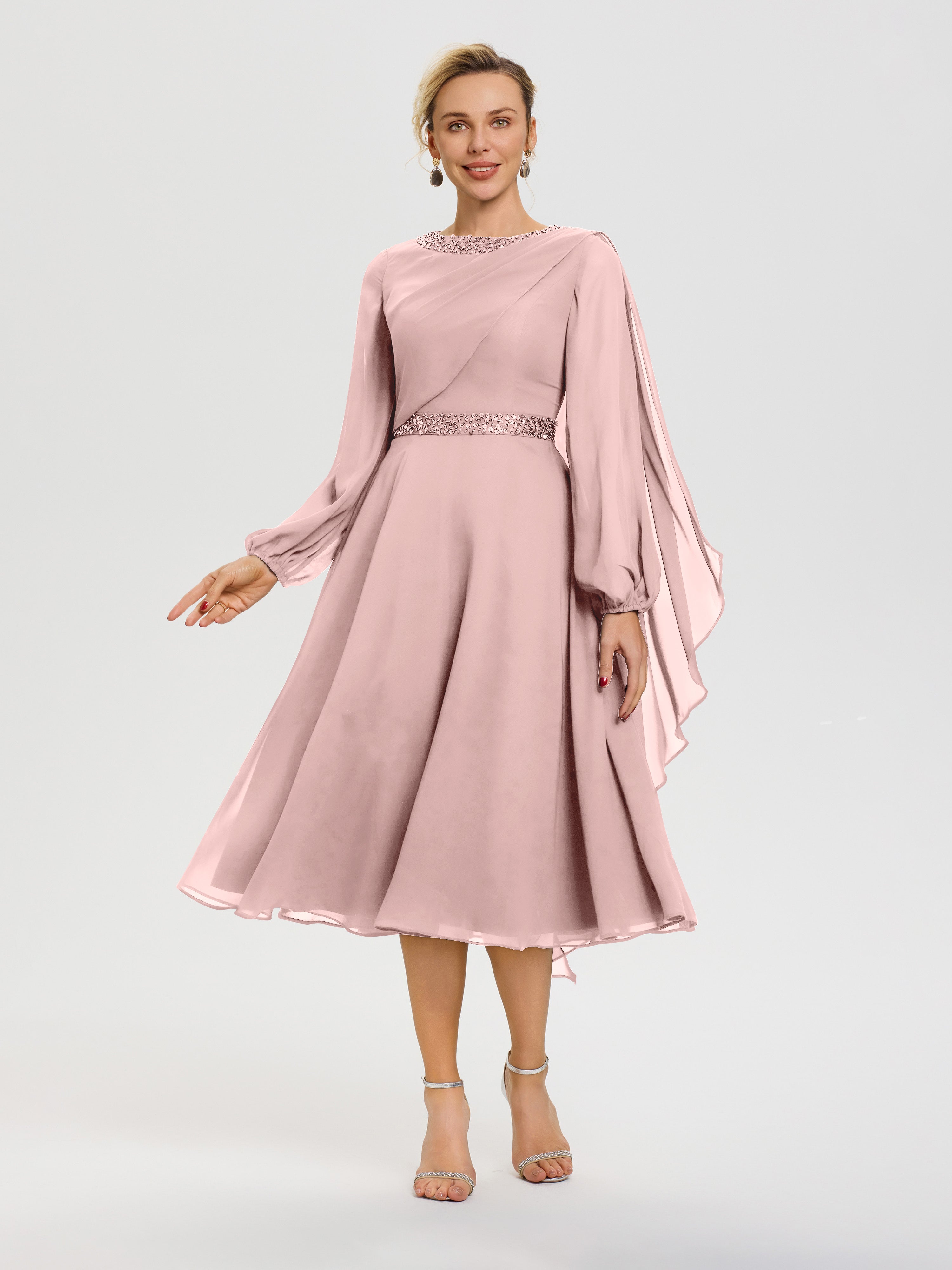 Dusty Rose Mother Of Bride Dress Elegant A-Line Beading Long Sleeves T Dusty Rose Mother Of Bride Dress Elegant A-Line Beading Long Sleeves T