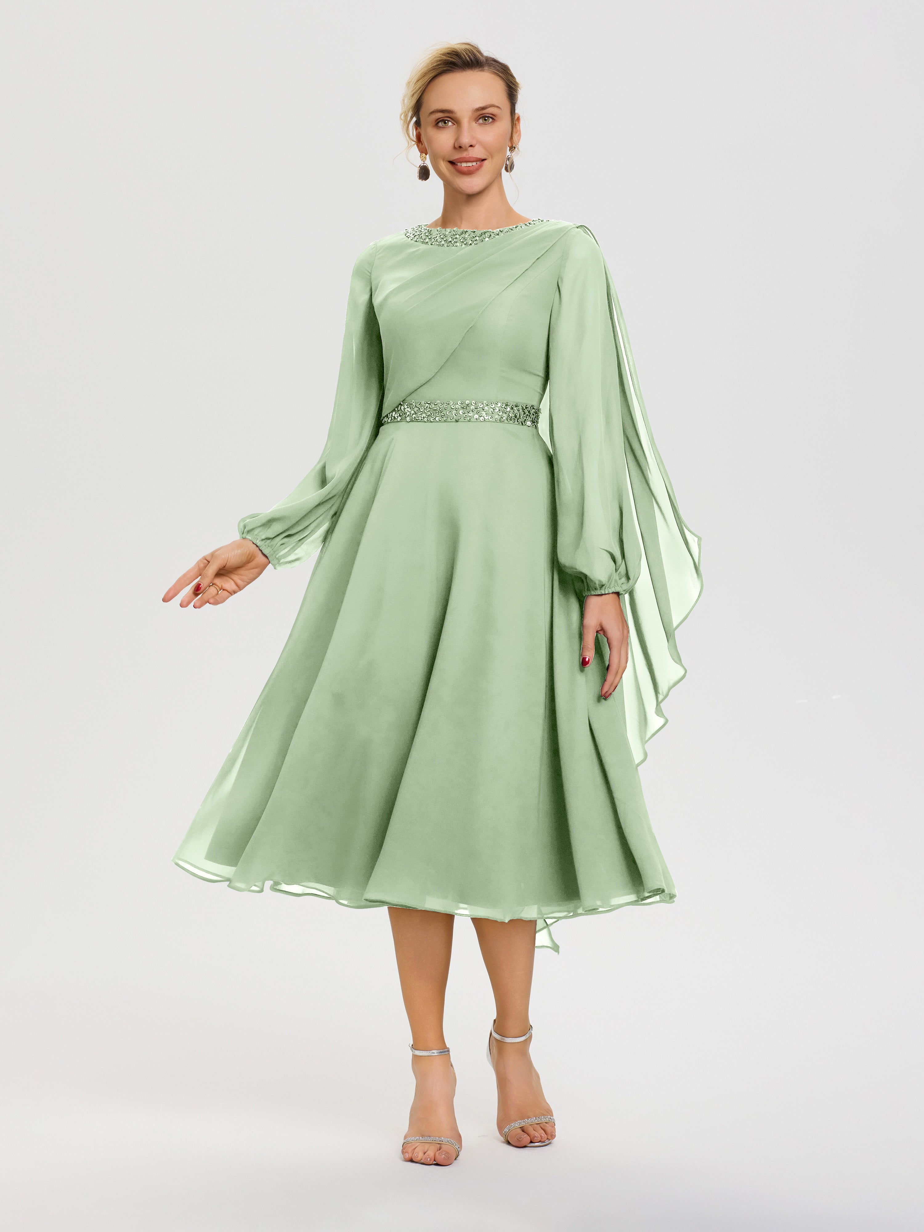 Mother Of Bride Dusty Sage Dress Elegant A-Line Beading Long Sleeves Tea-Length Chiffon Mother Of The Bride Dress Mother Of Bride Dusty Sage Dress Elegant A-Line Beading Long Sleeves Tea-Length Chiffon Mother Of The Bride Dress