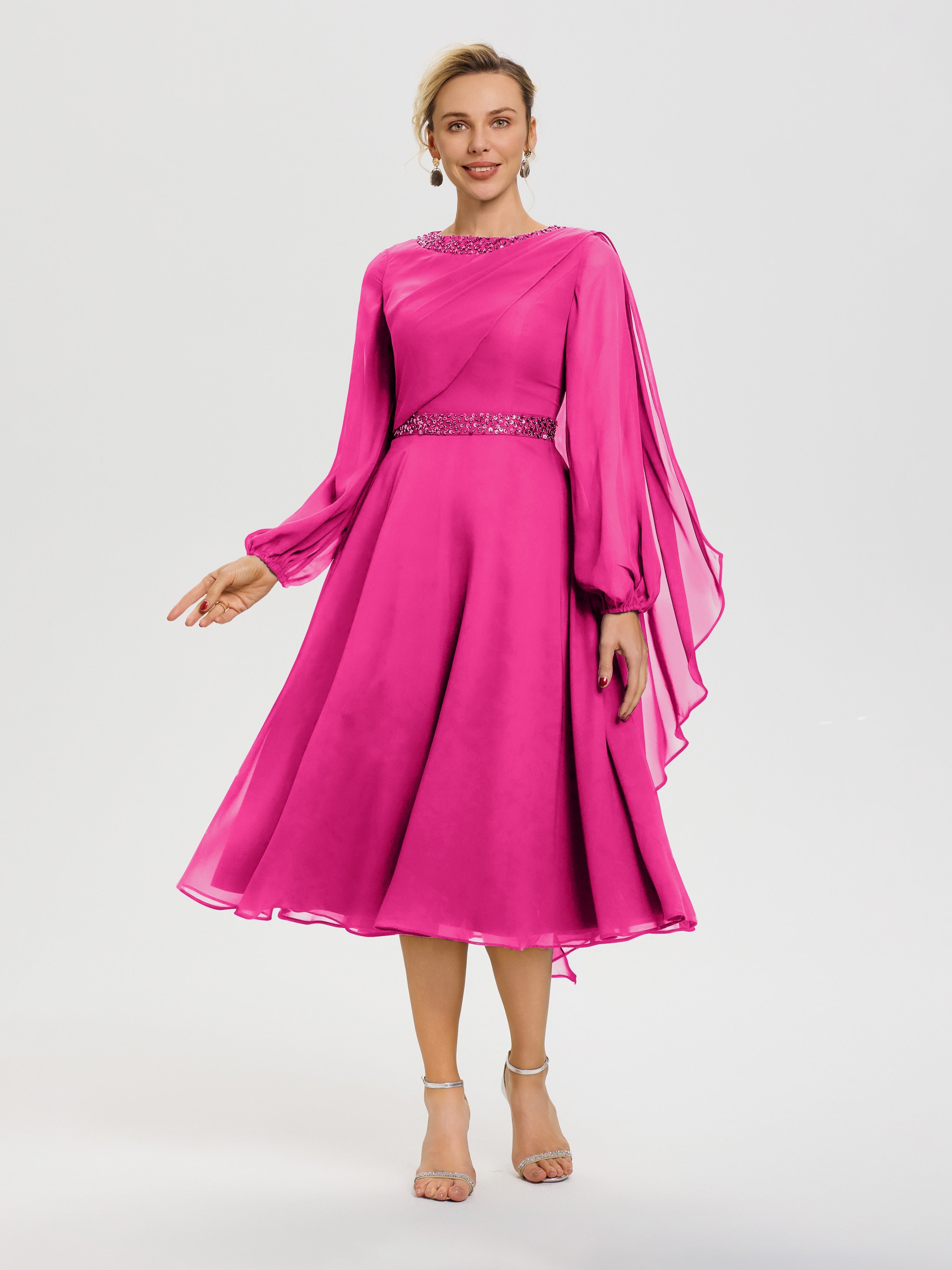 Fuchsia Dress For Mother Of The Bride Elegant A-Line Beading Long Sleeves Tea-Length Chiffon Mother Of The Bride Dress Fuchsia Dress For Mother Of The Bride Elegant A-Line Beading Long Sleeves Tea-Length Chiffon Mother Of The Bride Dress