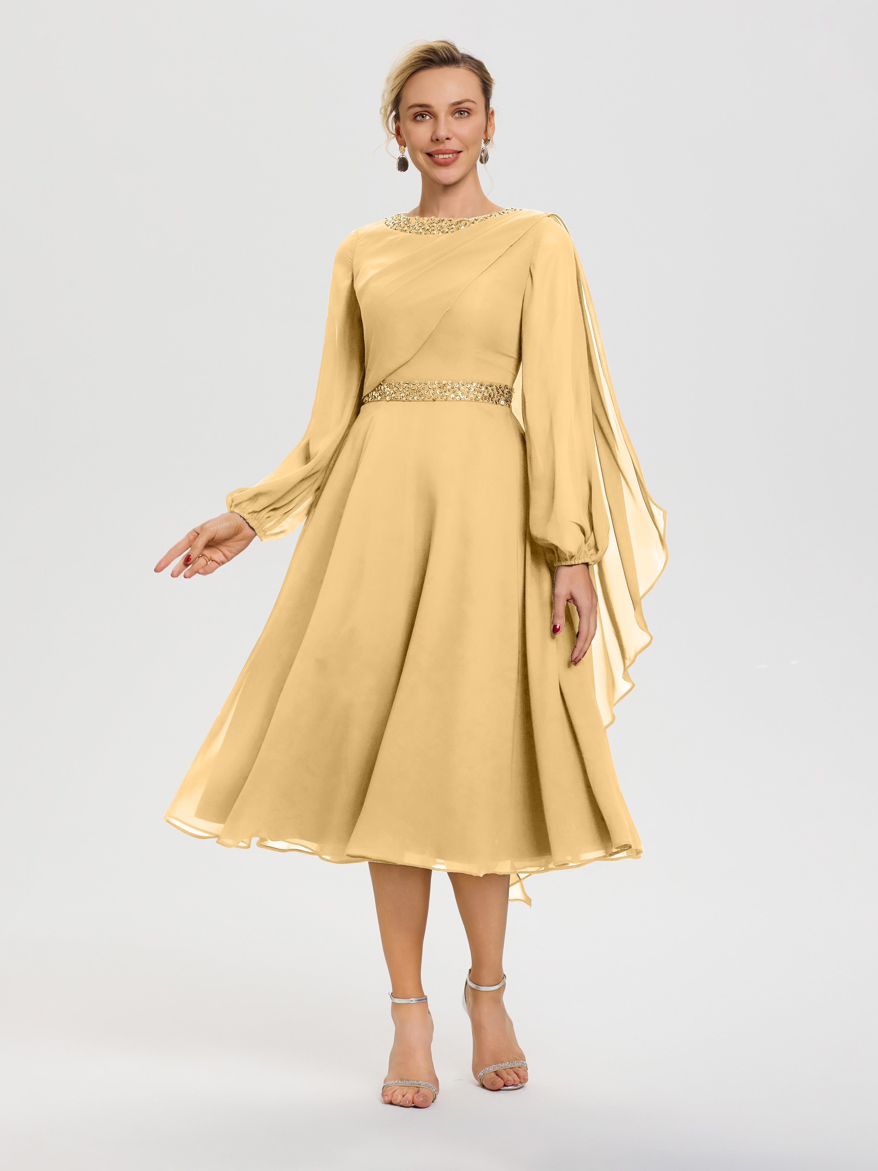 Mother Of Bride Dress Gold Elegant A-Line Beading Long Sleeves Tea-Len Mother Of Bride Dress Gold Elegant A-Line Beading Long Sleeves Tea-Len