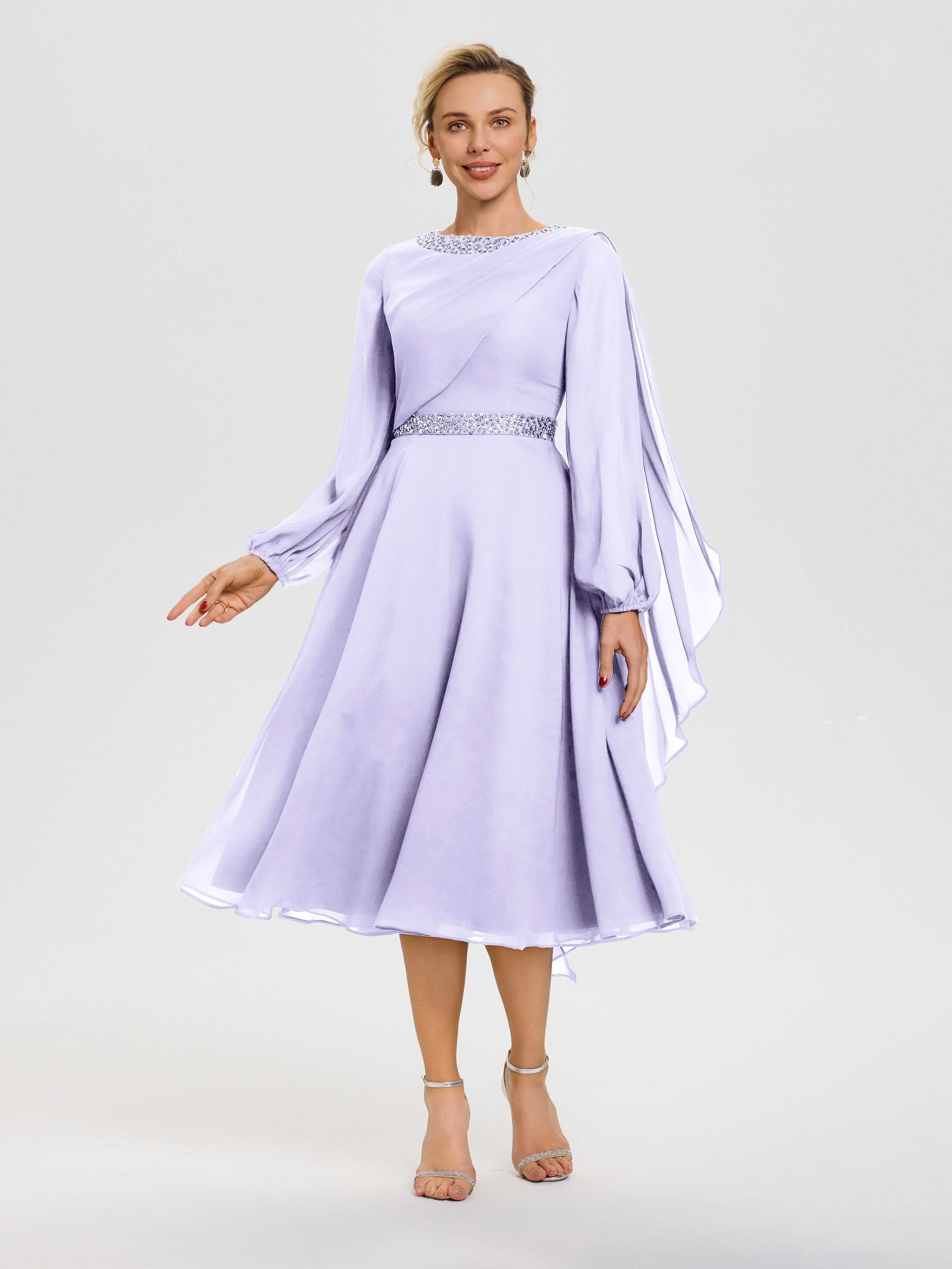 lilac long sleeve dress Mother Of The Bride Lilac Elegant A-Line Beading Long Sleeves Tea-Length Chiffon Mother Of The Bride Dress