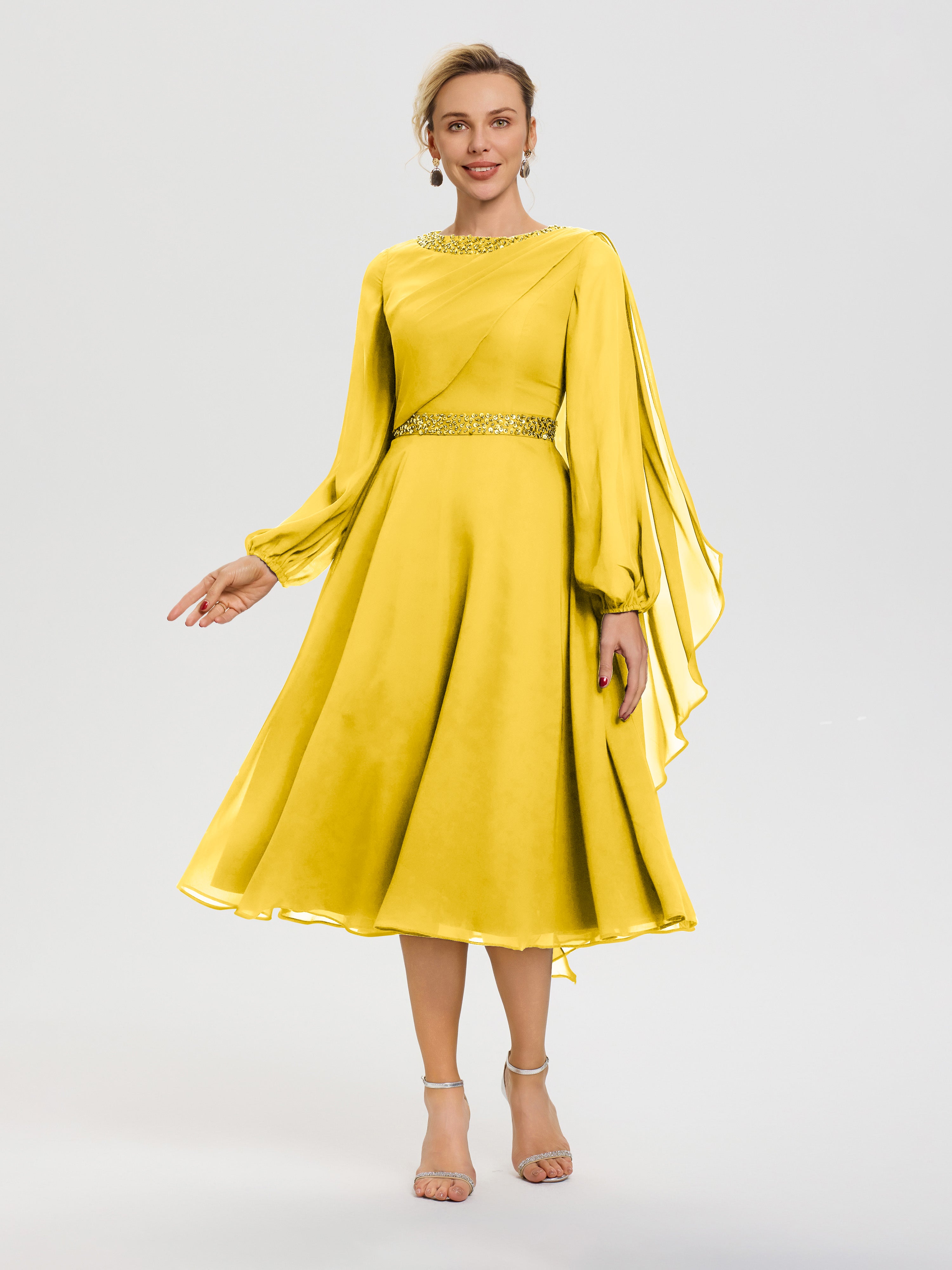 marigold cocktail dress Mother Of Bride Dress Marigold A Line Chiffon V Neck Ruffle Sleeves Appliques Waist High Low Mother Of The Bride Dresses