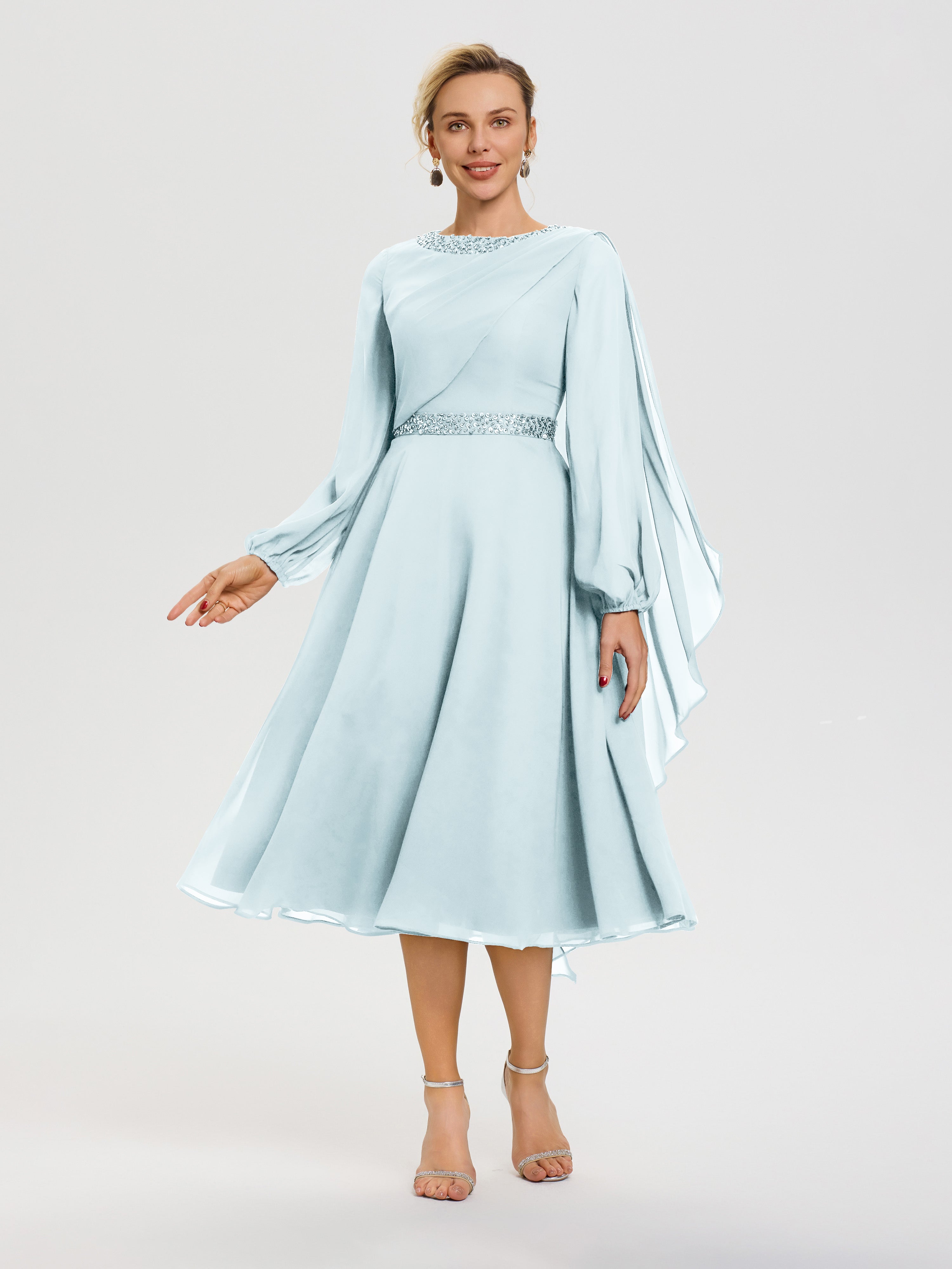 Mist Mother Of Bride Dress Elegant A-Line Beading Long Sleeves Tea-Length Chiffon Mother Of The Bride Dress Mist Mother Of Bride Dress Elegant A-Line Beading Long Sleeves Tea-Length Chiffon Mother Of The Bride Dress