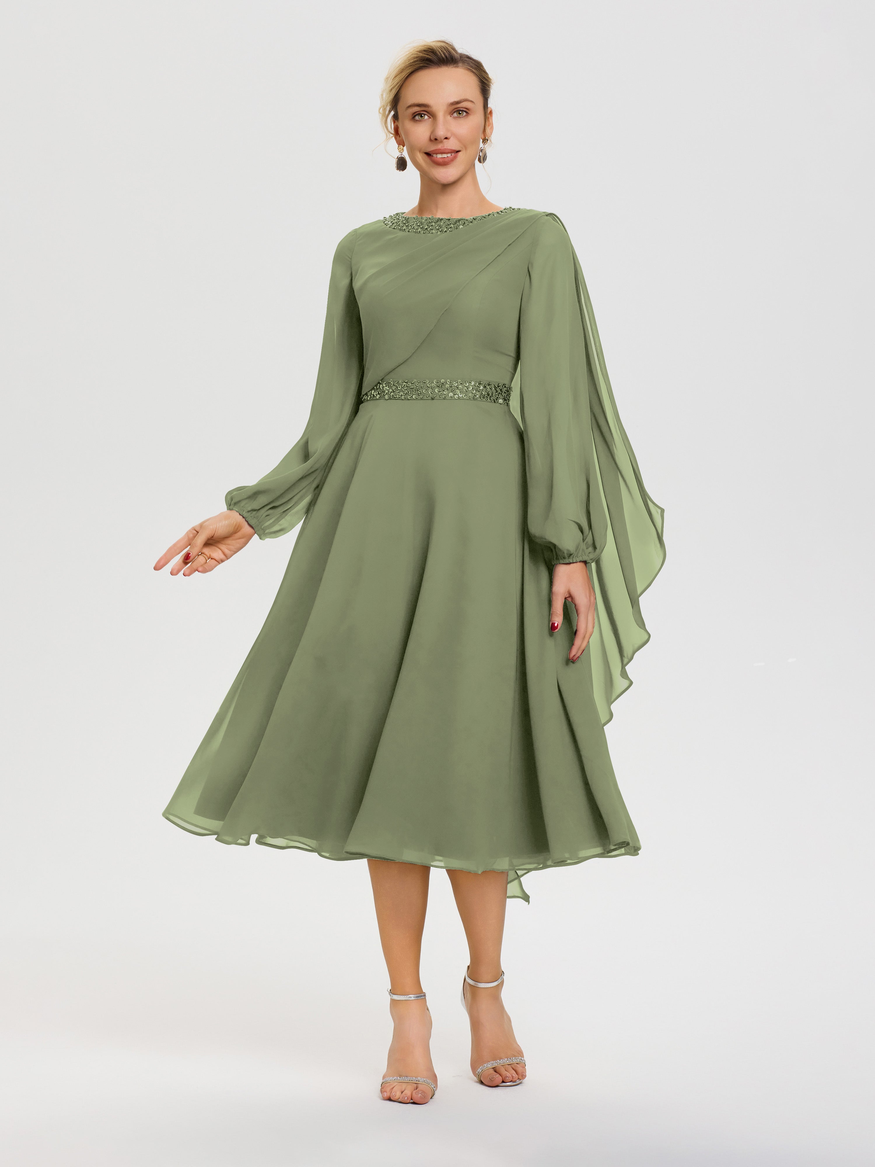 Olive Green Mother Of Bride Dress Elegant A-Line Beading Long Sleeves Tea-Length Chiffon Mother Of The Bride Dress Olive Green Mother Of Bride Dress Elegant A-Line Beading Long Sleeves Tea-Length Chiffon Mother Of The Bride Dress