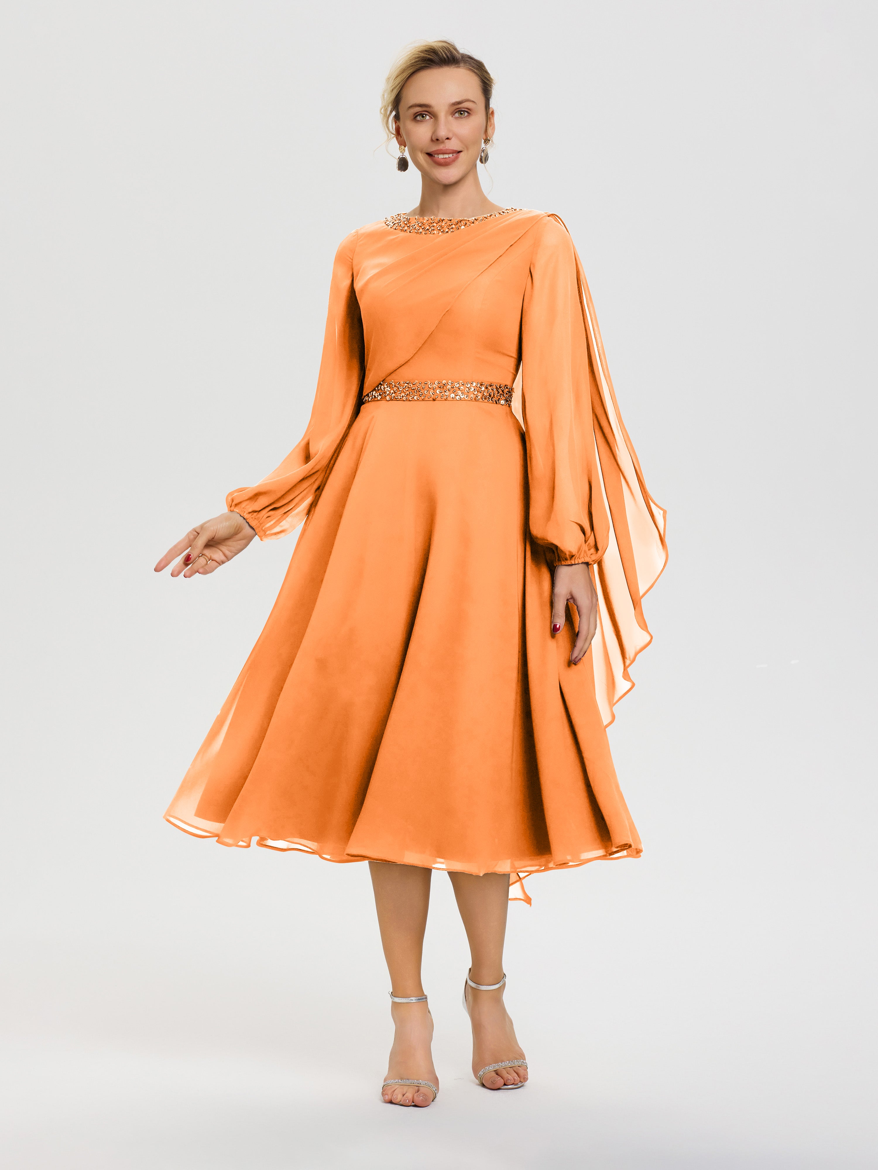 Orange Mother Of Bride Dress Elegant A-Line Beading Long Sleeves Tea-Length Chiffon Mother Of The Bride Dress Orange Mother Of Bride Dress Elegant A-Line Beading Long Sleeves Tea-Length Chiffon Mother Of The Bride Dress