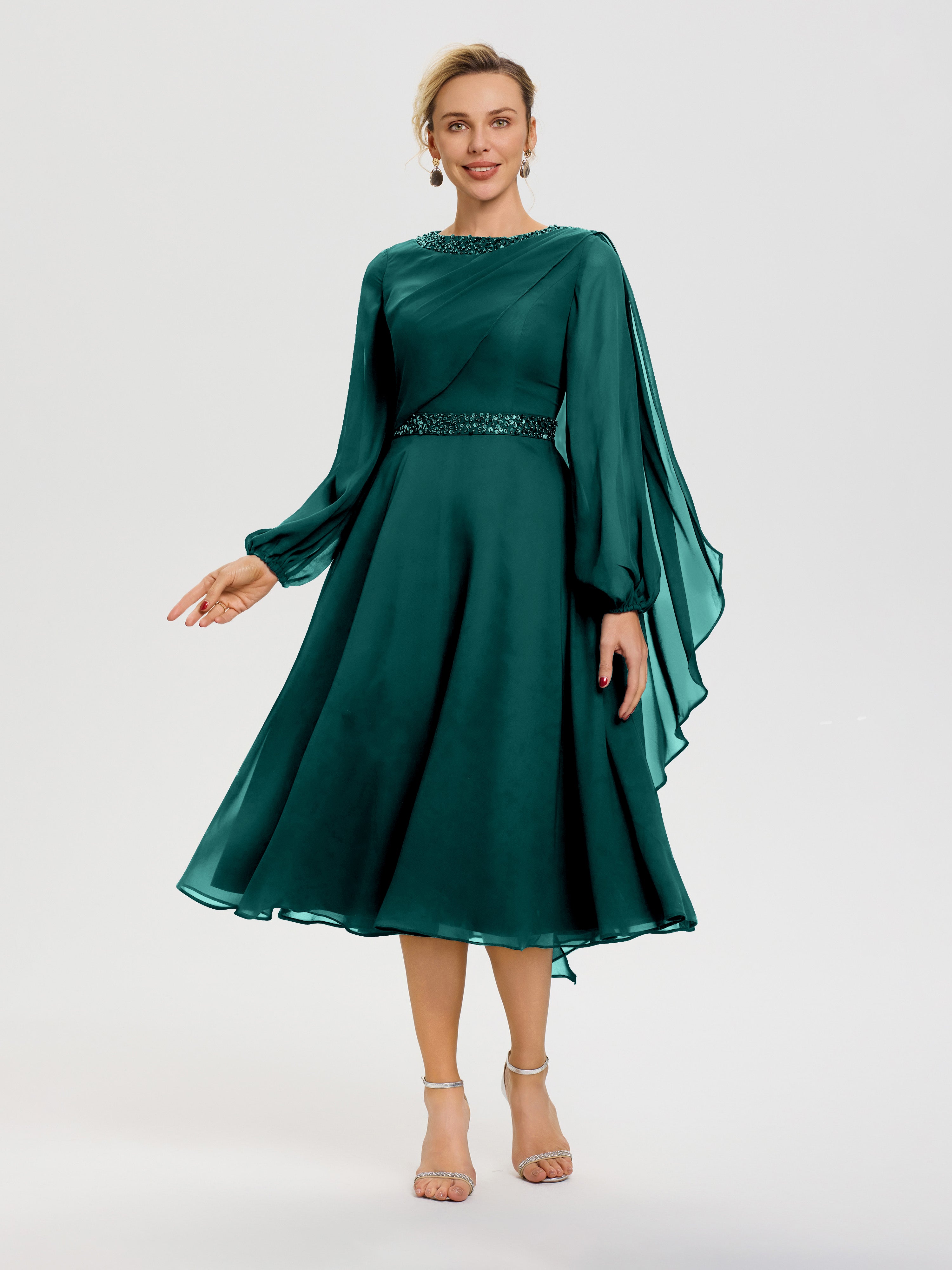 Peacock Blue Mother Of The Bride Dresses Elegant A-Line Beading Long Sleeves Tea-Length Chiffon Mother Of The Bride Dress