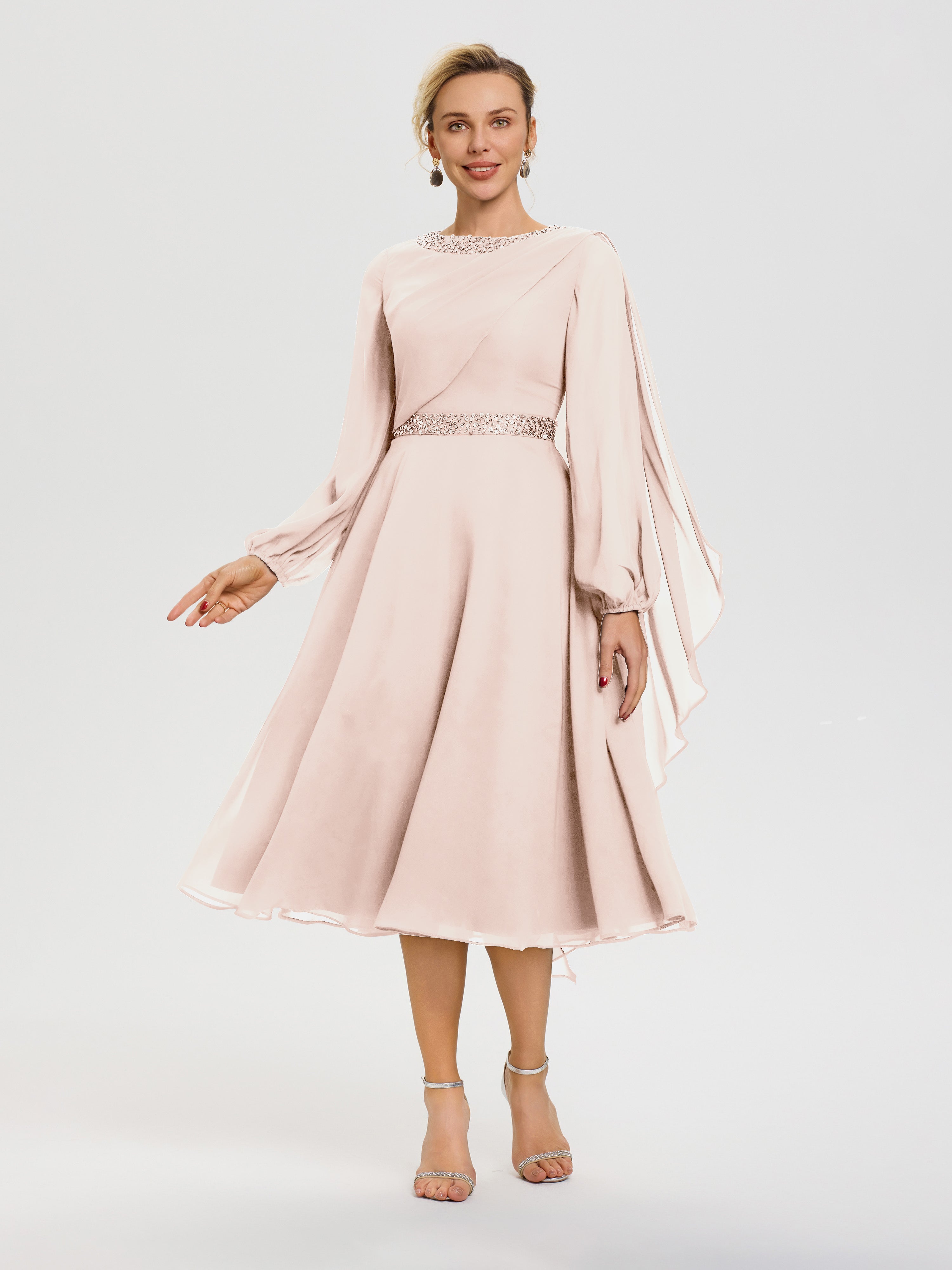 Mother Of The Bride Dress Pearl Pink Elegant A-Line Beading Long Sleev Mother Of The Bride Dress Pearl Pink Elegant A-Line Beading Long Sleev