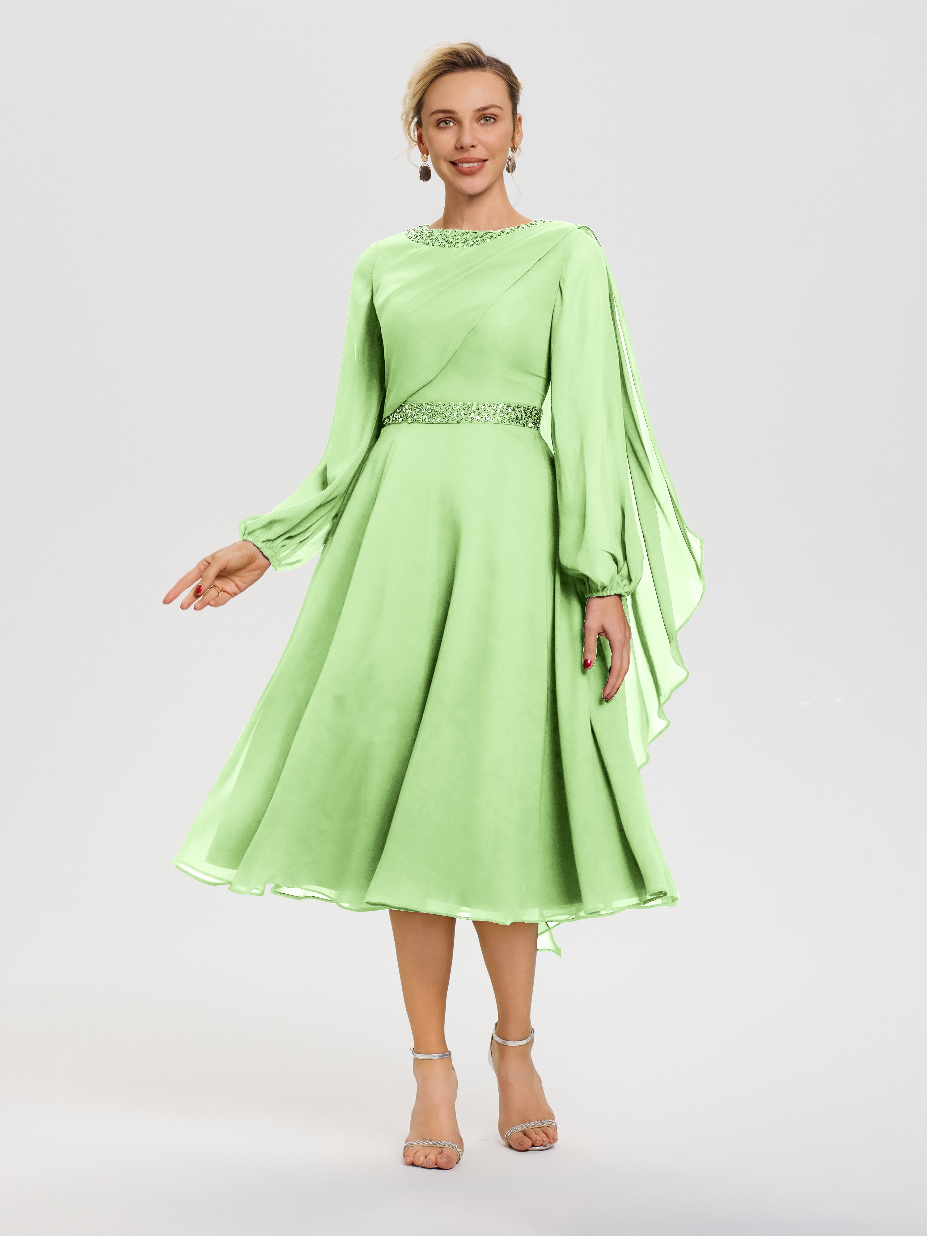 Tea Length Sage Mother Of The Bride Dresses Elegant A-Line Beading Long Sleeves Tea-Length Chiffon Mother Of The Bride Dress Tea Length Sage Mother Of The Bride Dresses Elegant A-Line Beading Long Sleeves Tea-Length Chiffon Mother Of The Bride Dress