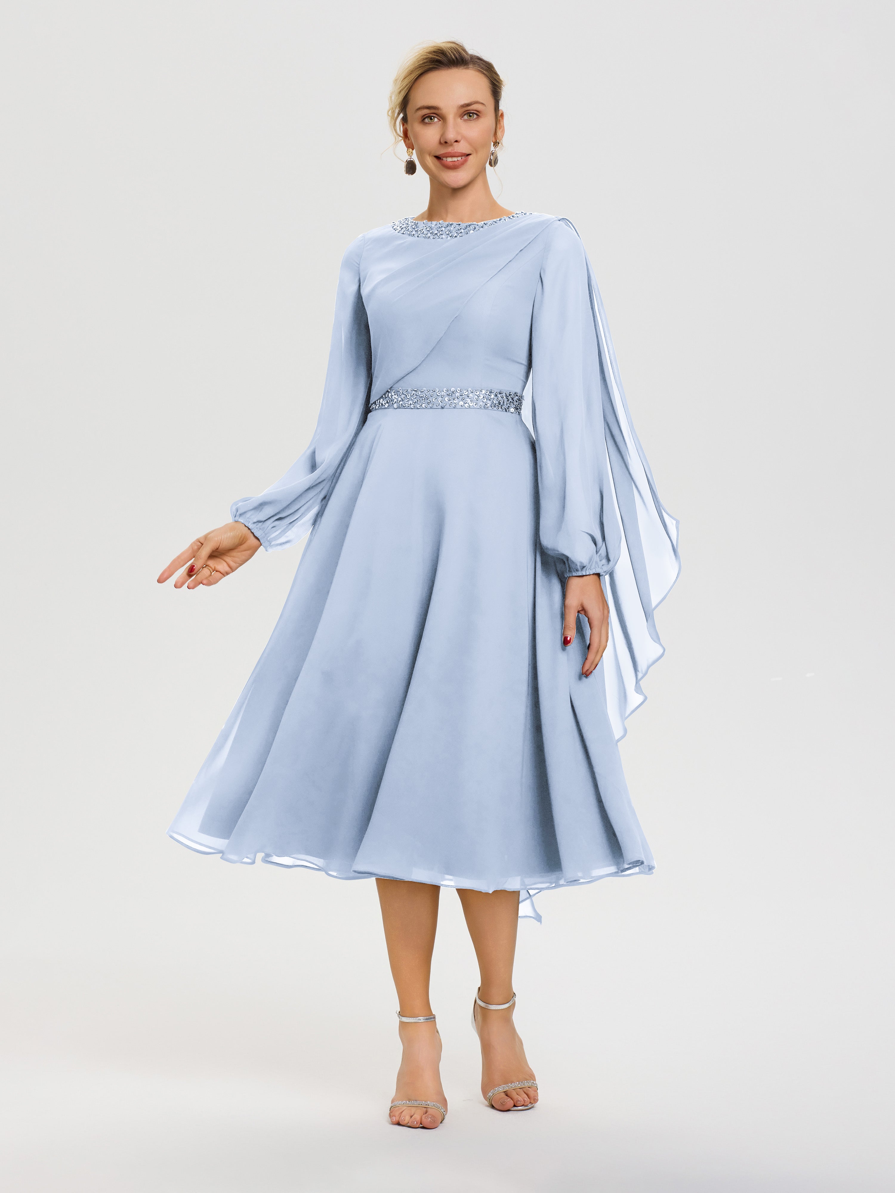 Sky Blue Mother Of The Bride Outfits Elegant A-Line Beading Long Sleeves Tea-Length Chiffon Mother Of The Bride Dress