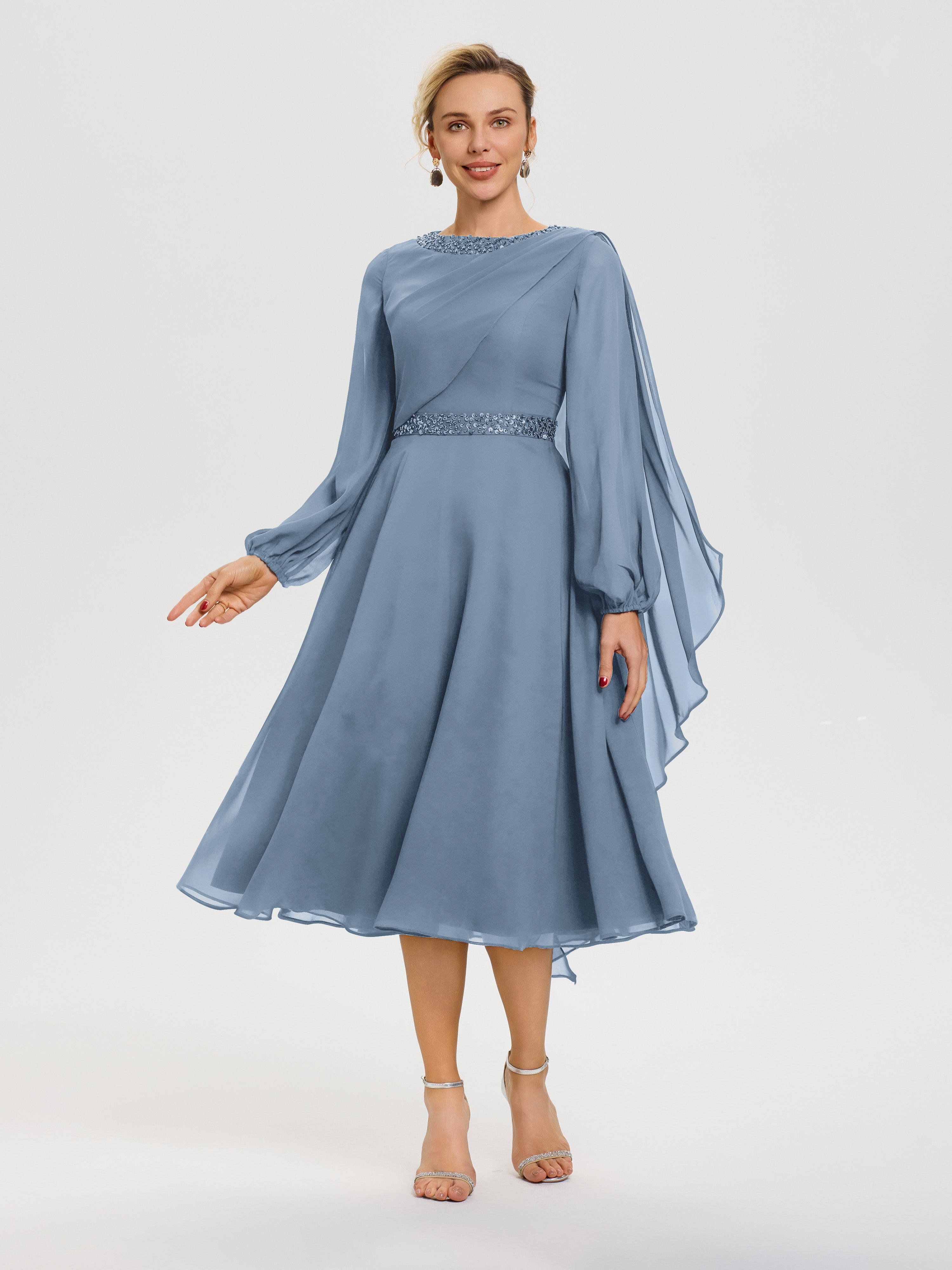 Slate Blue Mother Of The Bride Elegant A-Line Beading Long Sleeves Tea Slate Blue Mother Of The Bride Elegant A-Line Beading Long Sleeves Tea