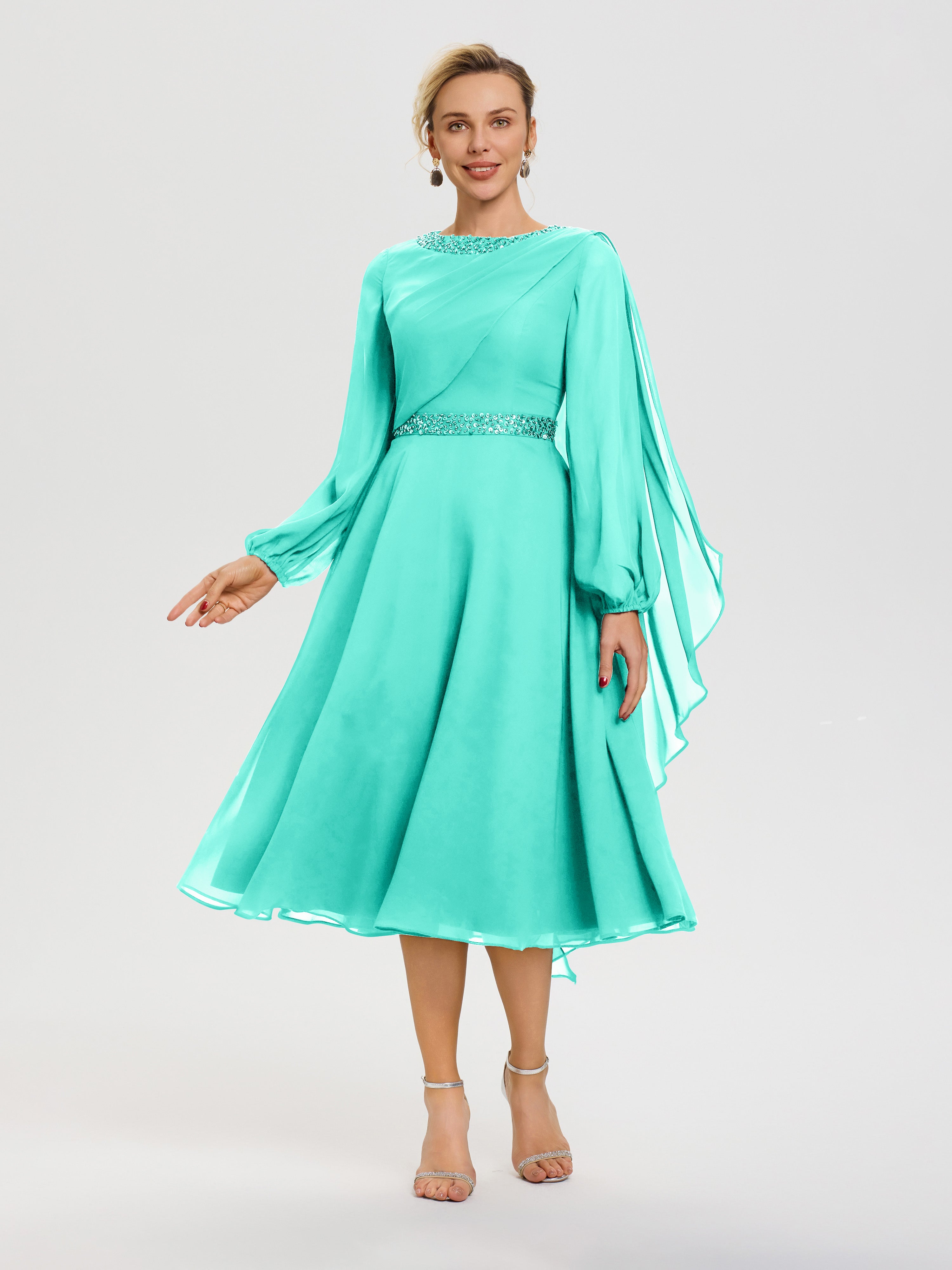 tea length elegant mother of the bride dresses Missacc Beige Mother Of The Bride Dresses Elegant Cowl Neck A-Line Tea-Length Mother Of The Bride Dresses