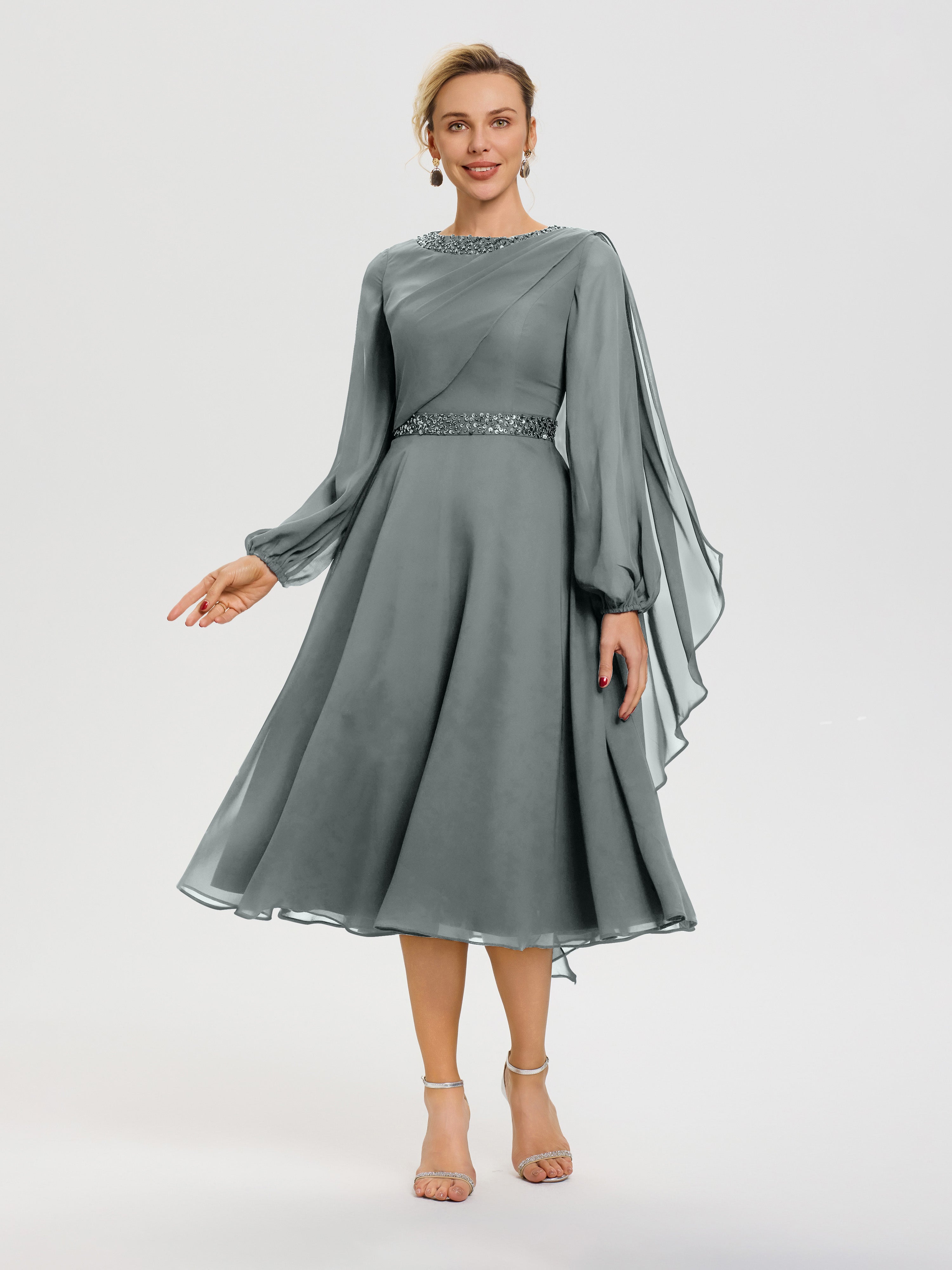 Suit Steel Gray Formal Dress Mother Of The Bride Dresses In Steel Grey Elegant A-Line Beading Long Sleeves Tea-Length Chiffon Mother Of The Bride Dress Suit Steel Gray Formal Dress Mother Of The Bride Dresses In Steel Grey Elegant A-Line Beading Long Sleeves Tea-Length Chiffon Mother Of The Bride Dress