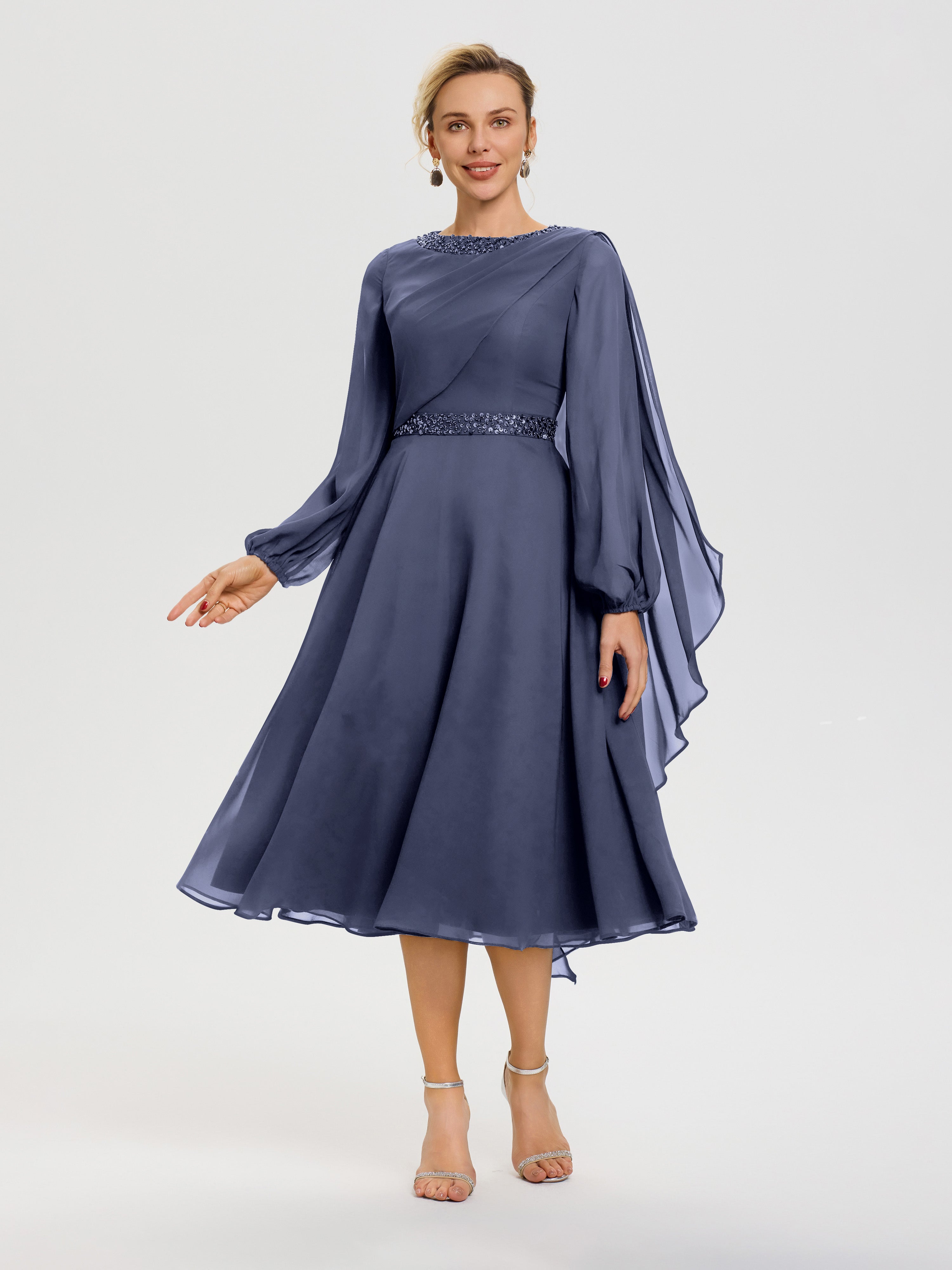 Stormy Mother Of Bride Dress Elegant A-Line Beading Long Sleeves Tea-Length Chiffon Mother Of The Bride Dress