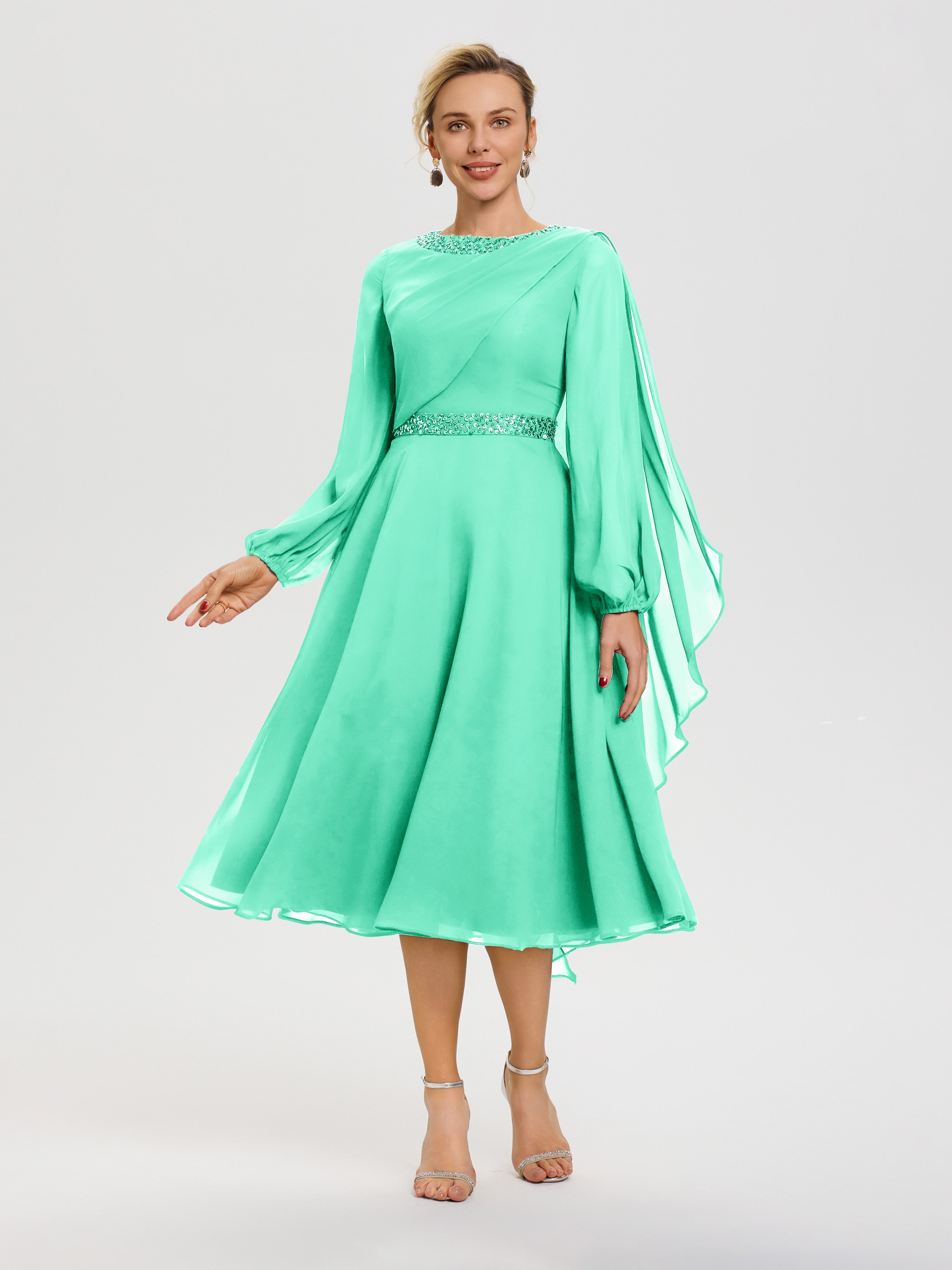 Mother Of The Bride Dress Turquoise Elegant A-Line Beading Long Sleeves Tea-Length Chiffon Mother Of The Bride Dress
