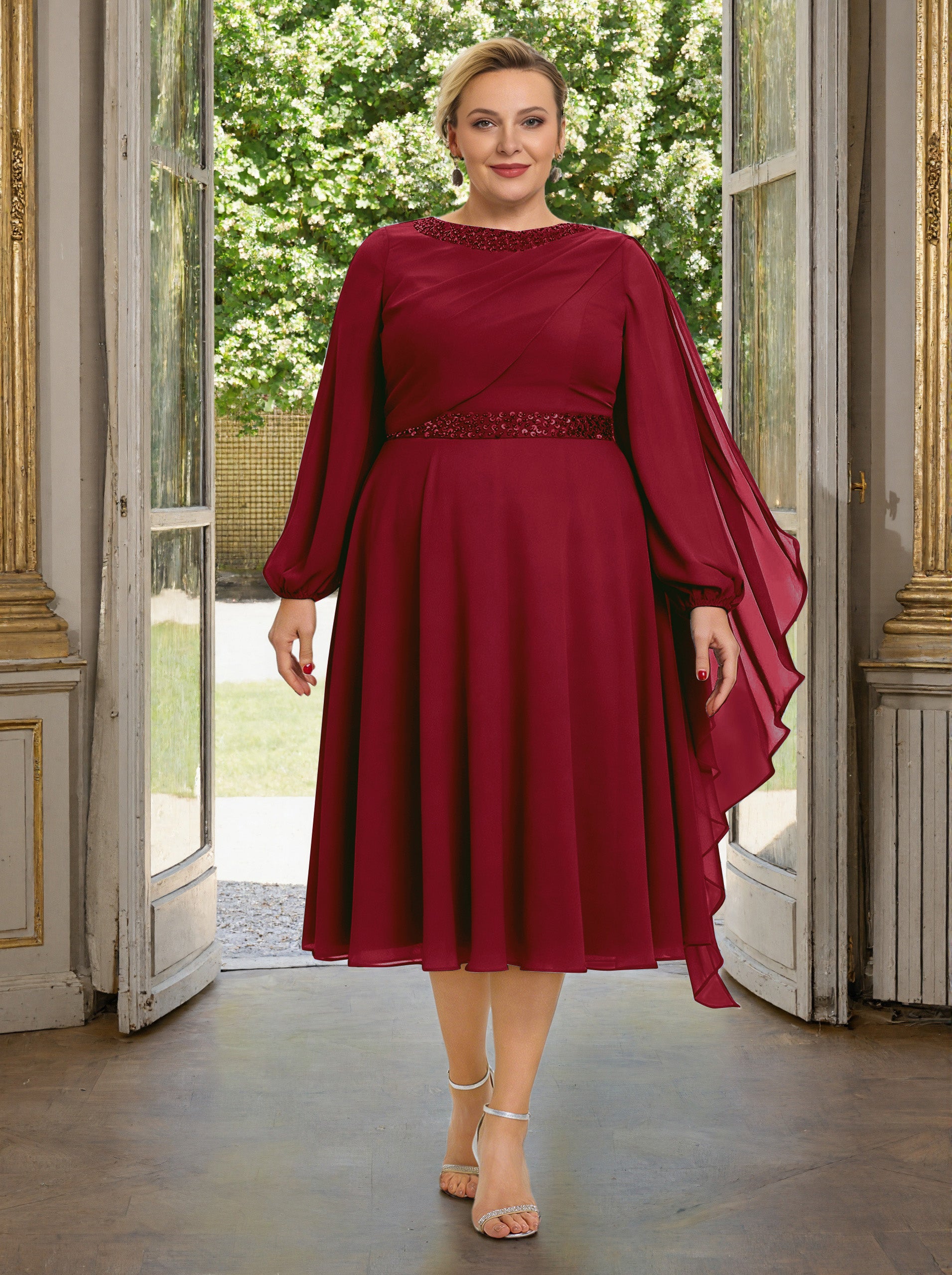 fitted lace wedding dress Zapaka Women Wedding Party Dress Burgundy Long Sleeves A Line Mother of The Bride Dress, Burgundy / S main image 0