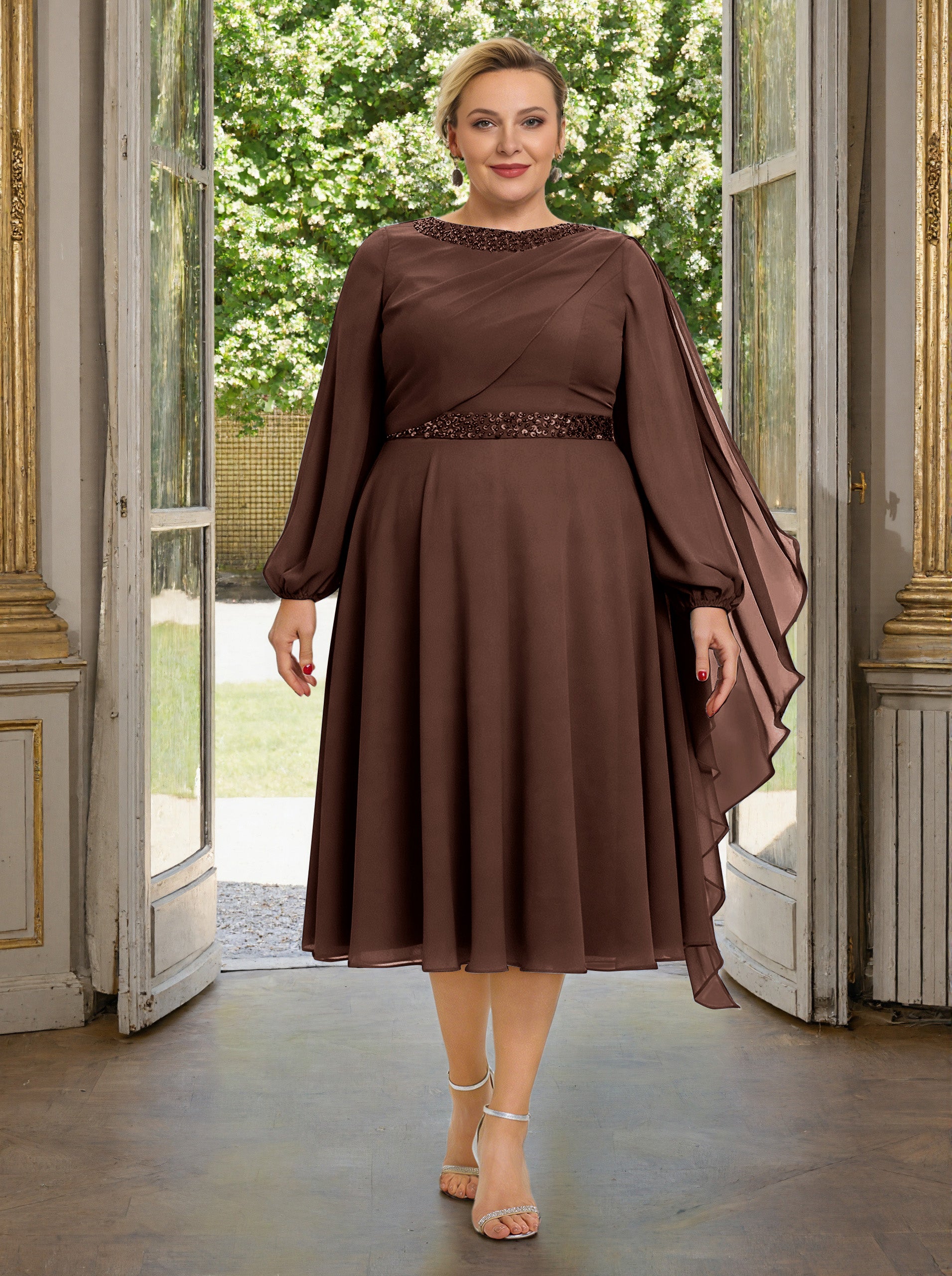 plus size mother of the bride dresses Cicinia Chocolate Plus Size Mother Of The Bride Dress With Sleeves Long Chiffon Beaded A-line Tea Length