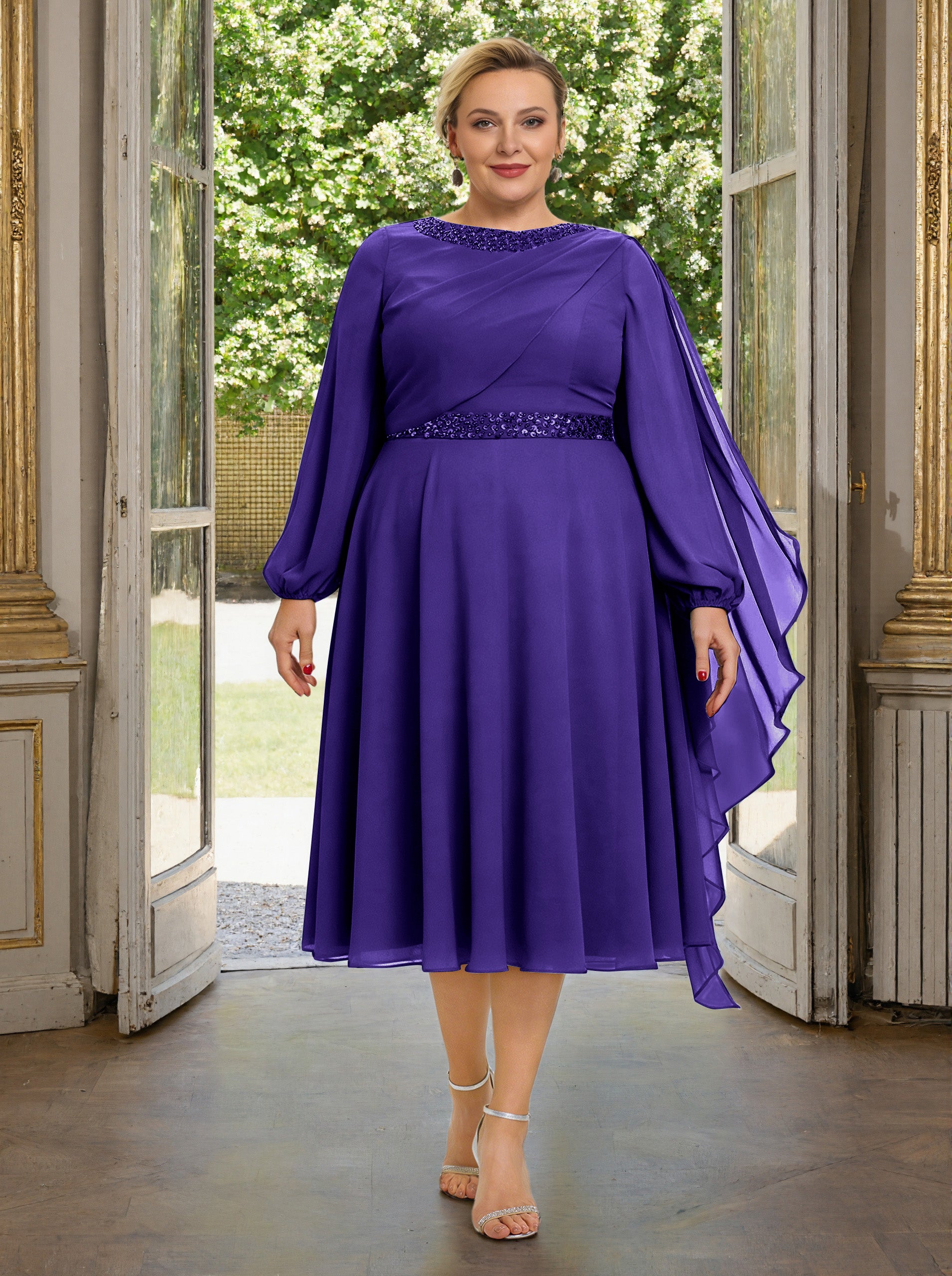 Cicinia Regency Plus Size Mother Of The Bride Dress With Sleeves Long Chiffon Beaded A-line Tea Length Cicinia Regency Plus Size Mother Of The Bride Dress With Sleeves Long Chiffon Beaded A-line Tea Length