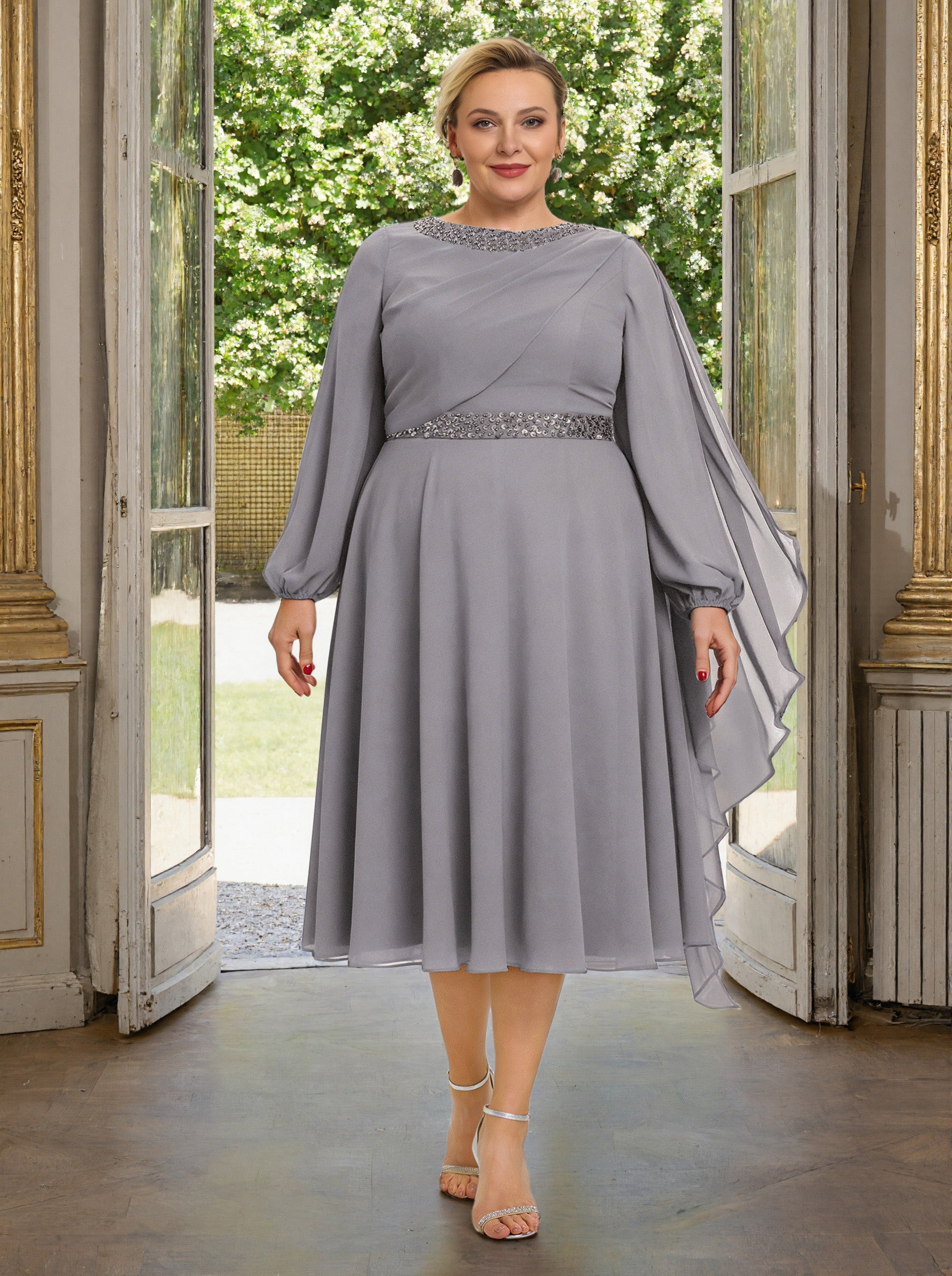 plus size silver dresses for wedding Cicinia Silver Plus Size Mother Of The Bride Dress With Sleeves Long Chiffon Beaded A-line Tea Length