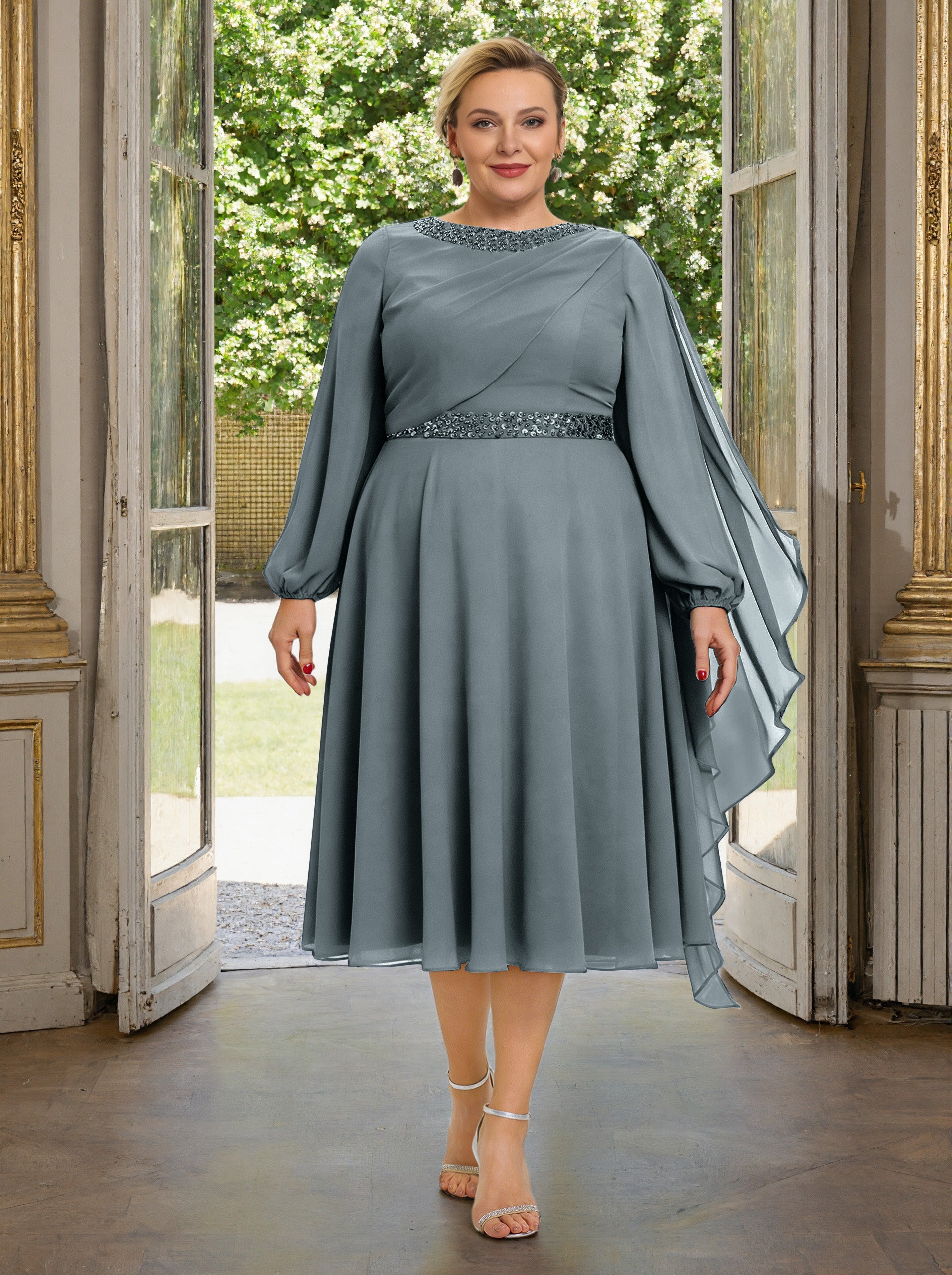 plus size grey mother of the bride dresses Cicinia Steel Dress With Sleeves Long Chiffon Beaded A-line Tea Length trendy modern mother of the bride dresses