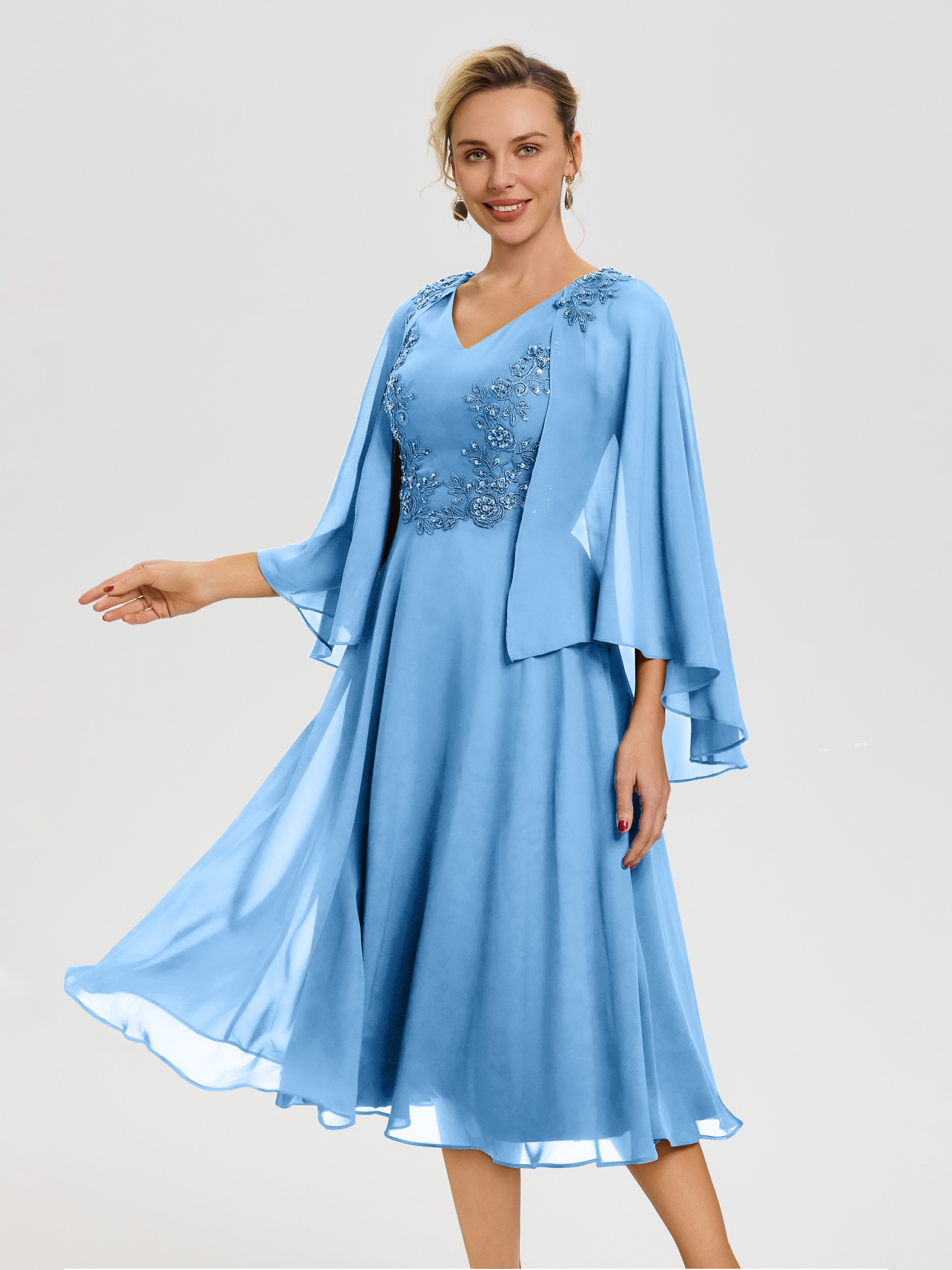 Blue Mother Of The Bride Dress Near Me A-Line Appliques 3/4 Sleeves V-