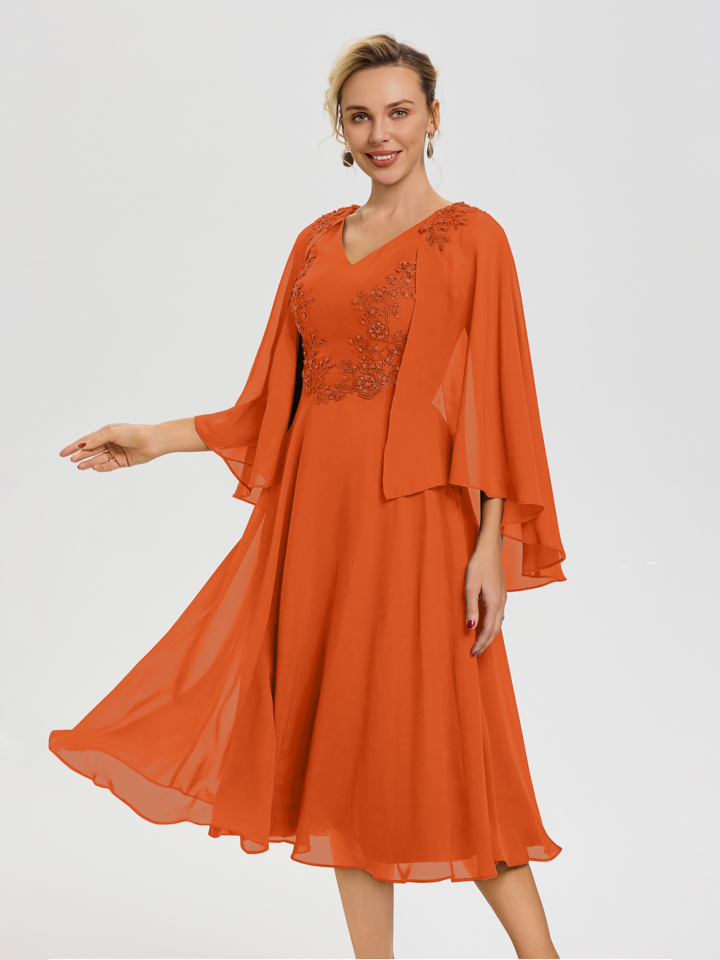 Burnt Orange Mother Of The Bride Dresses A-Line Appliques 3/4 Sleeves V-Neck Tea-Length Chiffon Mother Of The Bride Dress Burnt Orange Mother Of The Bride Dresses A-Line Appliques 3/4 Sleeves V-Neck Tea-Length Chiffon Mother Of The Bride Dress