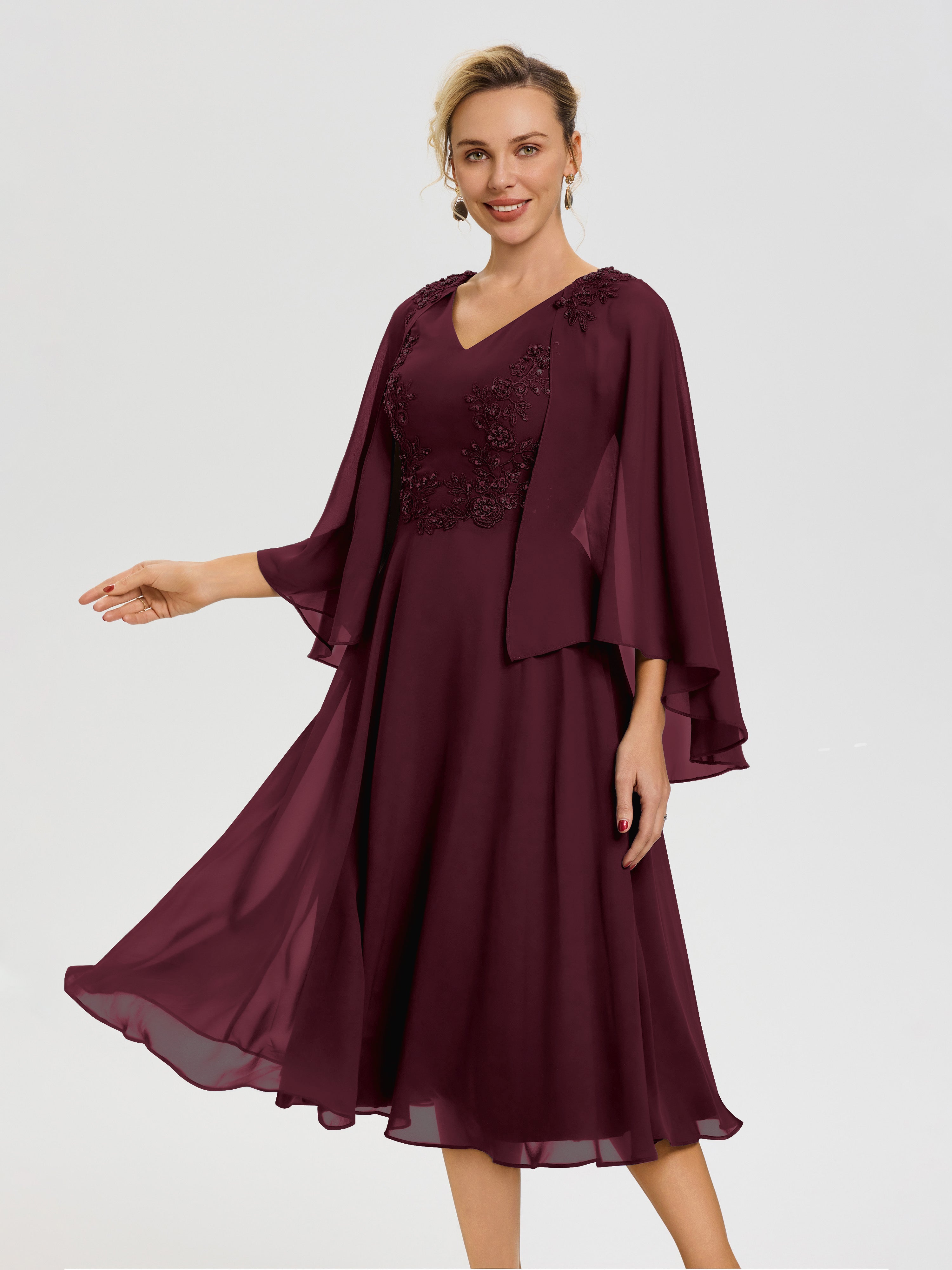 cocktail mother of the bride dresses Tea Length Cabernet Mother Of The Bride Dresses A-Line Appliques 3/4 Sleeves V-Neck Tea-Length Chiffon Mother Of The Bride Dress