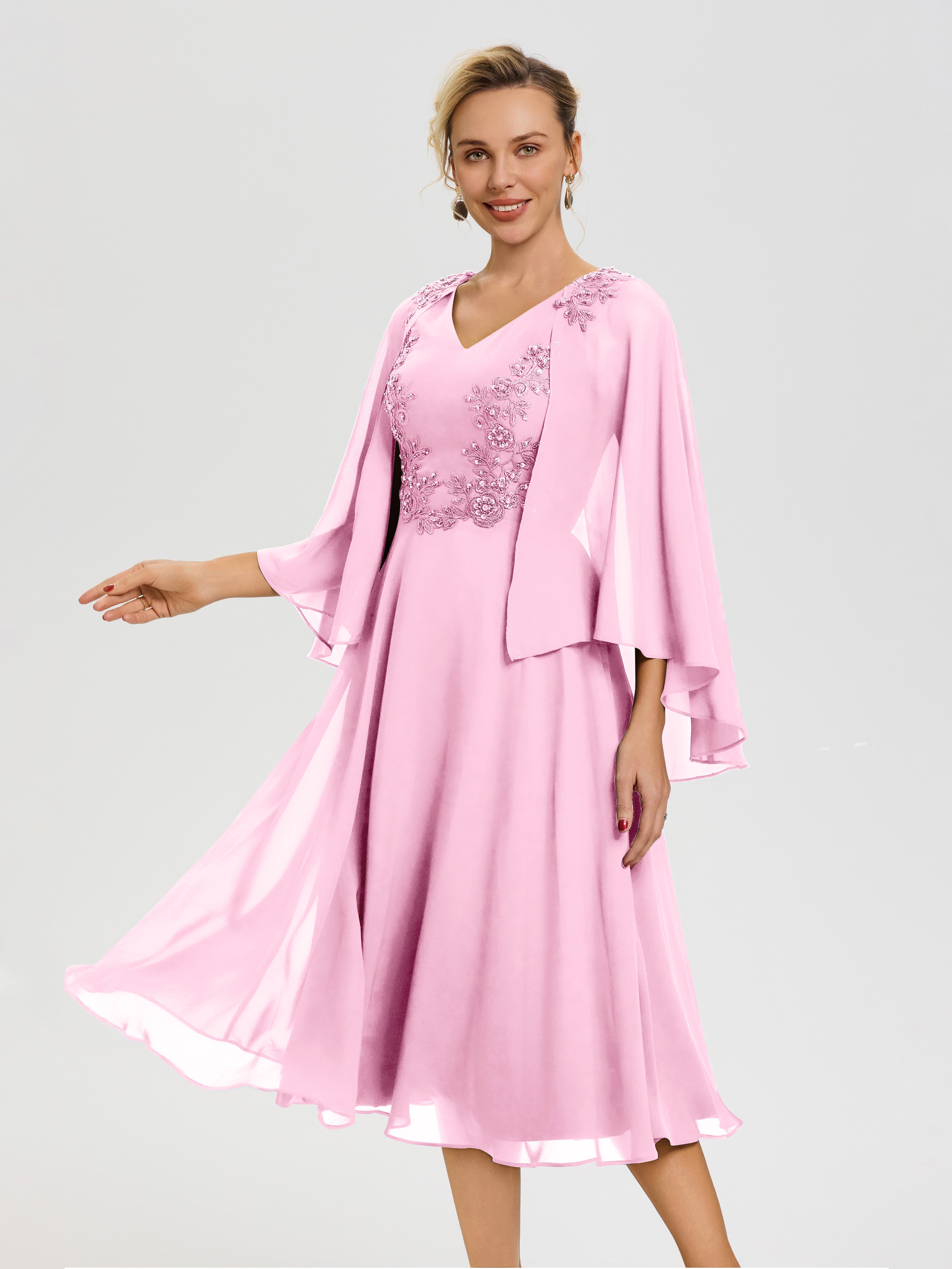 Candy Pink Mother Of The Bride Dress A-Line Appliques 3/4 Sleeves V-Ne