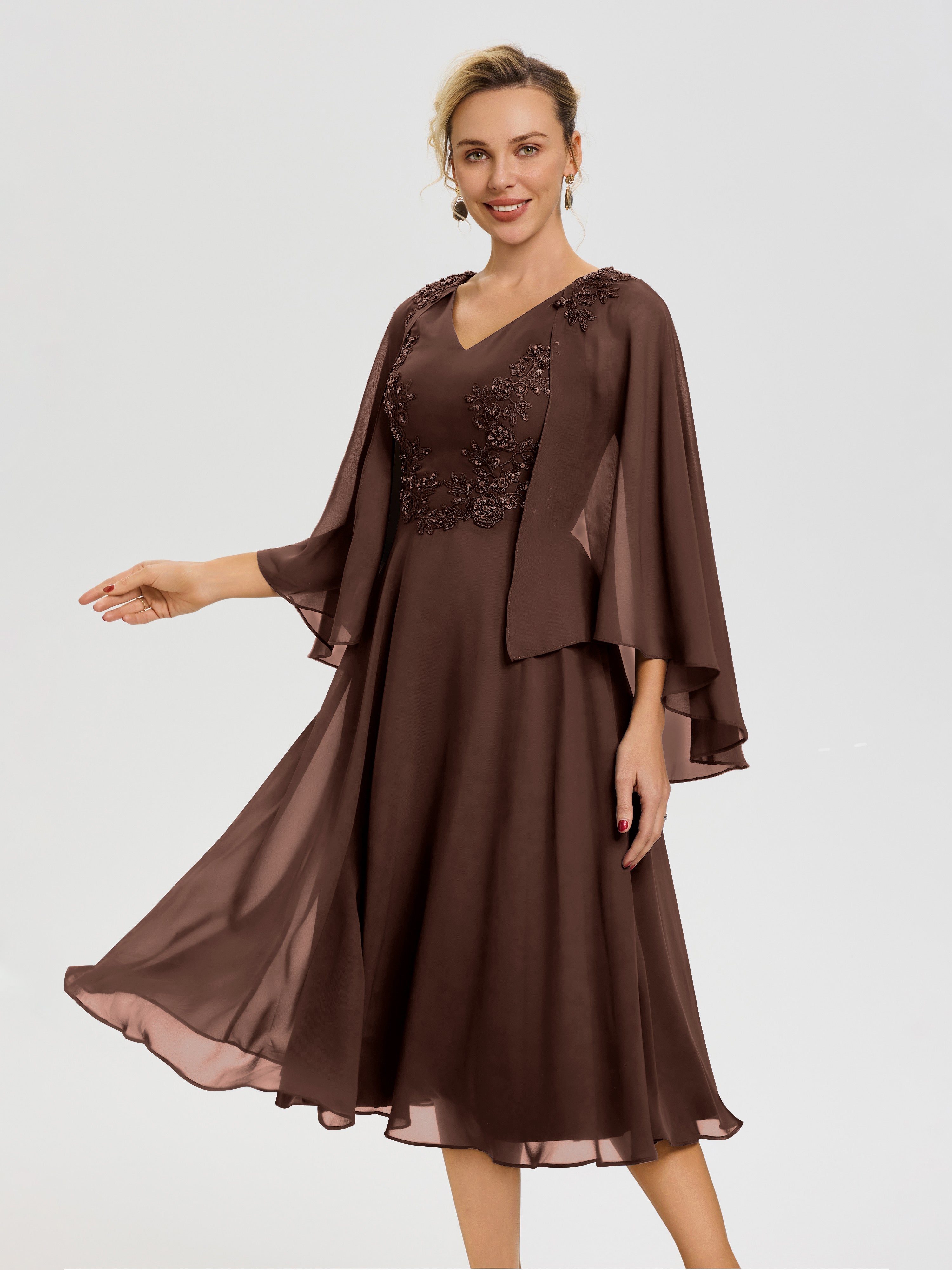 Chocolate Brown Mother Of The Bride Dresses A-Line Appliques 3/4 Sleeves V-Neck Tea-Length Chiffon Mother Of The Bride Dress Chocolate Brown Mother Of The Bride Dresses A-Line Appliques 3/4 Sleeves V-Neck Tea-Length Chiffon Mother Of The Bride Dress