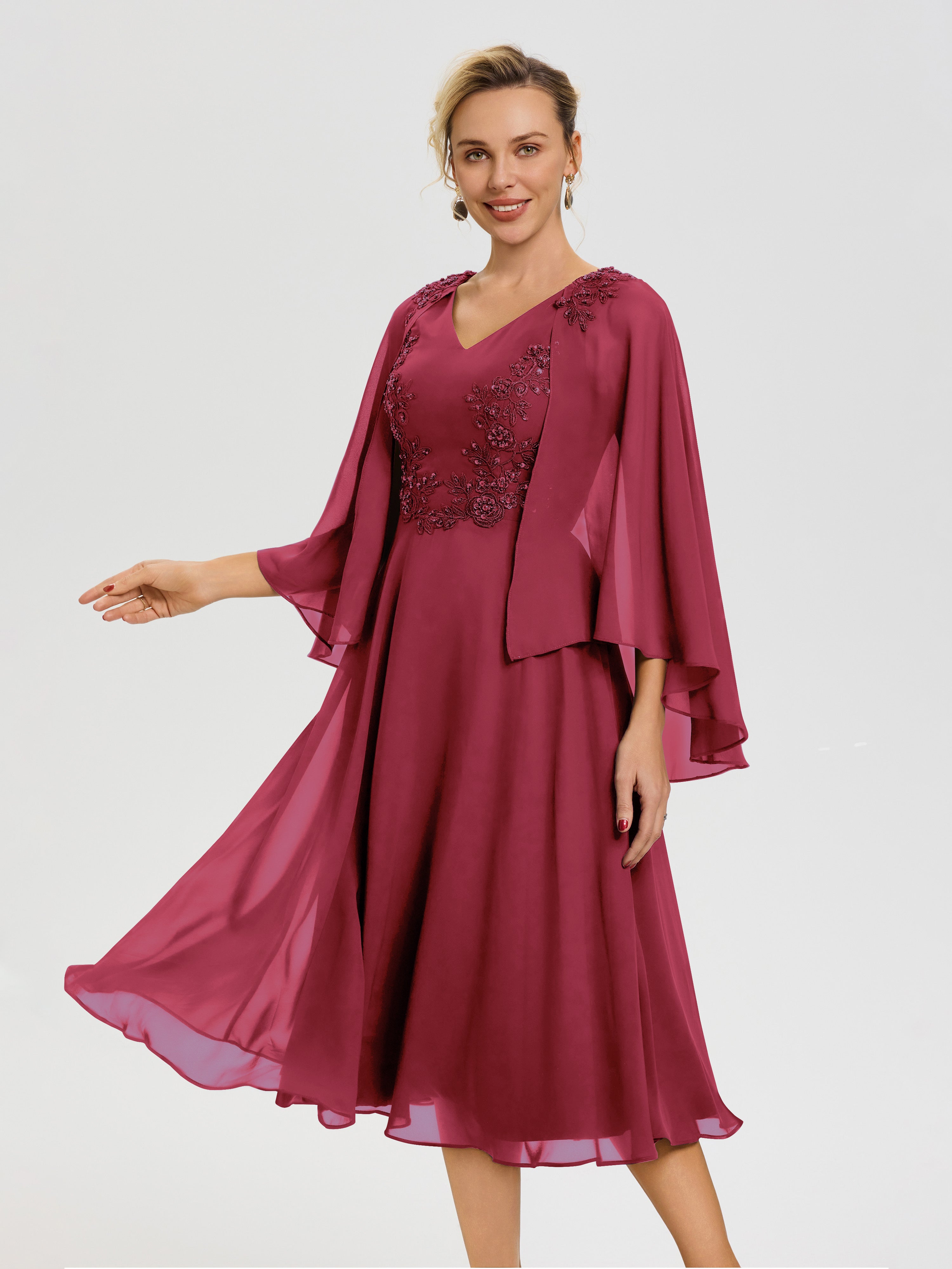mob dresses tea length Cinnamon Rose Color Mother Of The Bride Dresses A-Line Appliques 3/4 Sleeves V-Neck Tea-Length Chiffon Mother Of The Bride Dress