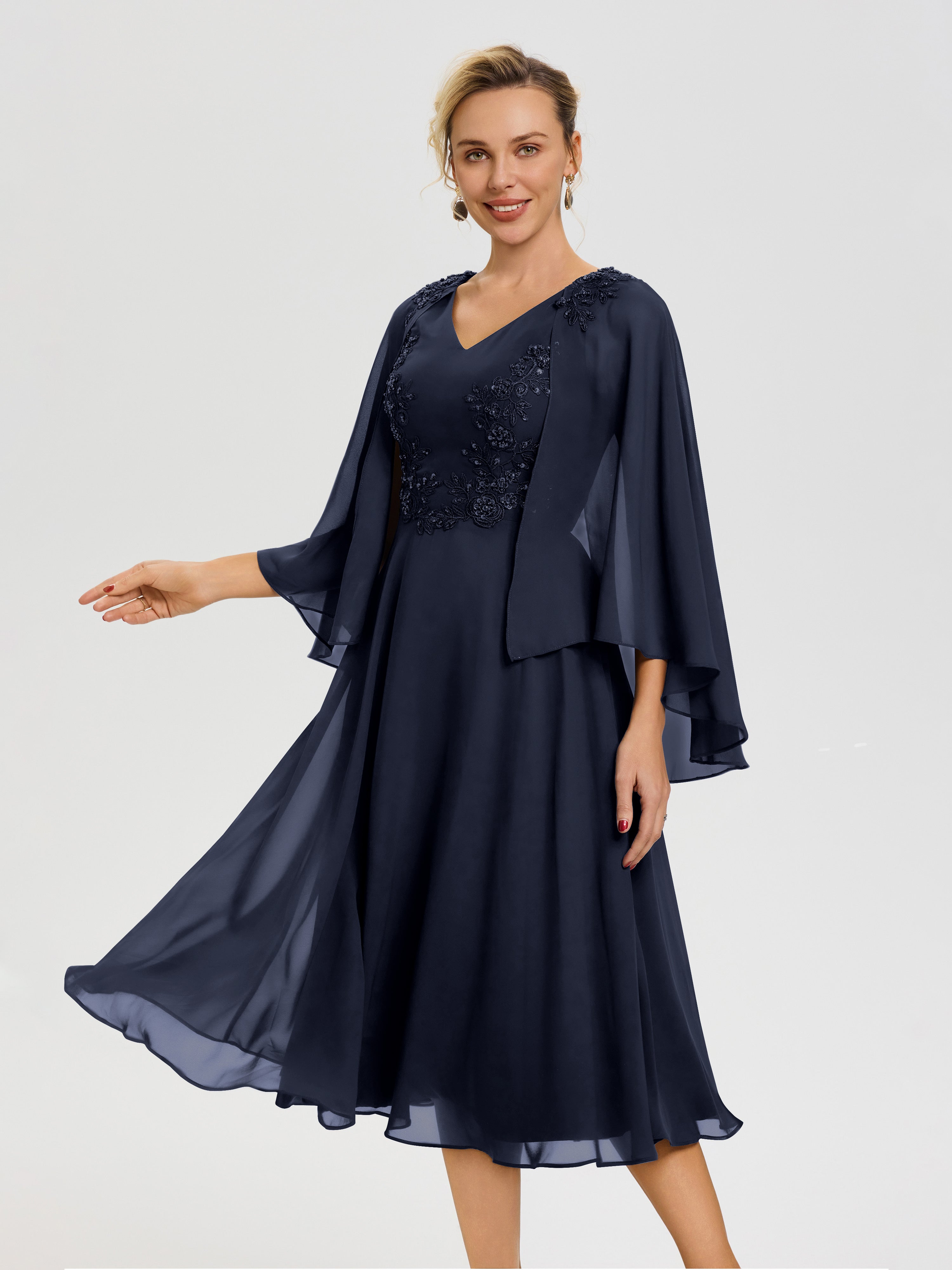 Dark Navy Mother Of The Bride Dresses A-Line Appliques 3/4 Sleeves V-Neck Tea-Length Chiffon Mother Of The Bride Dress Dark Navy Mother Of The Bride Dresses A-Line Appliques 3/4 Sleeves V-Neck Tea-Length Chiffon Mother Of The Bride Dress