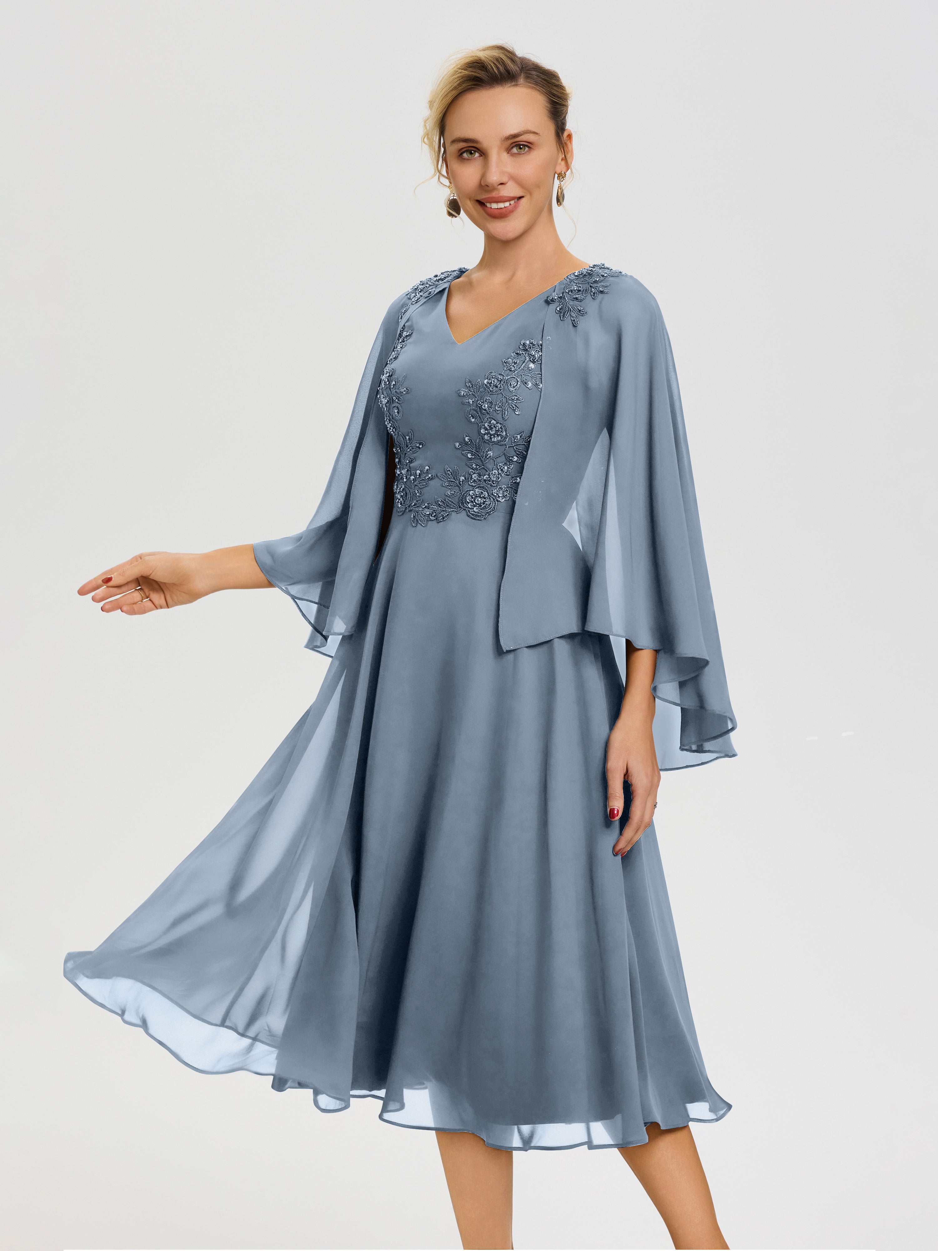 Dusty Blue Mother of Bride Dress A-Line Appliques 3/4 Sleeves V-Neck Tea-Length Chiffon Mother of The Bride Dress Dusty Blue Mother of Bride Dress A-Line Appliques 3/4 Sleeves V-Neck Tea-Length Chiffon Mother of The Bride Dress