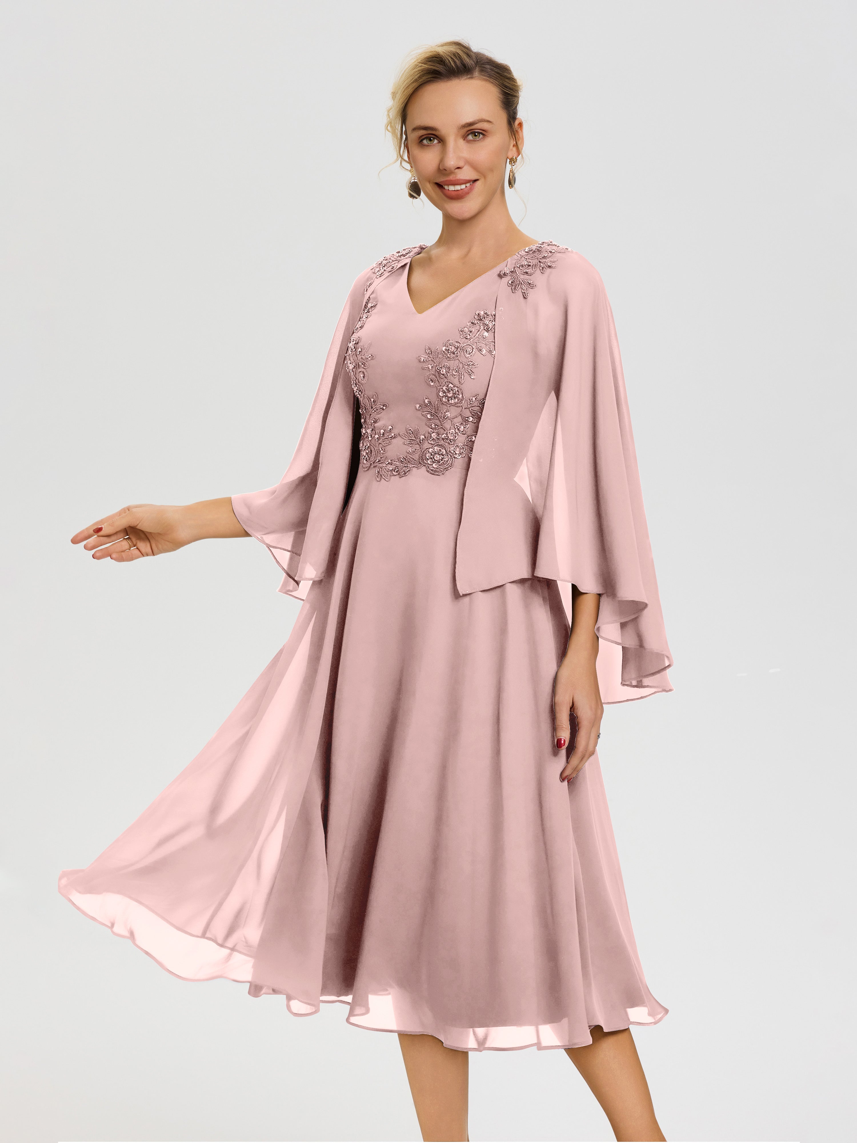 Dusty Rose Mother Of The Bride A-Line Appliques 3/4 Sleeves V-Neck Tea-Length Chiffon Mother Of The Bride Dress Dusty Rose Mother Of The Bride A-Line Appliques 3/4 Sleeves V-Neck Tea-Length Chiffon Mother Of The Bride Dress