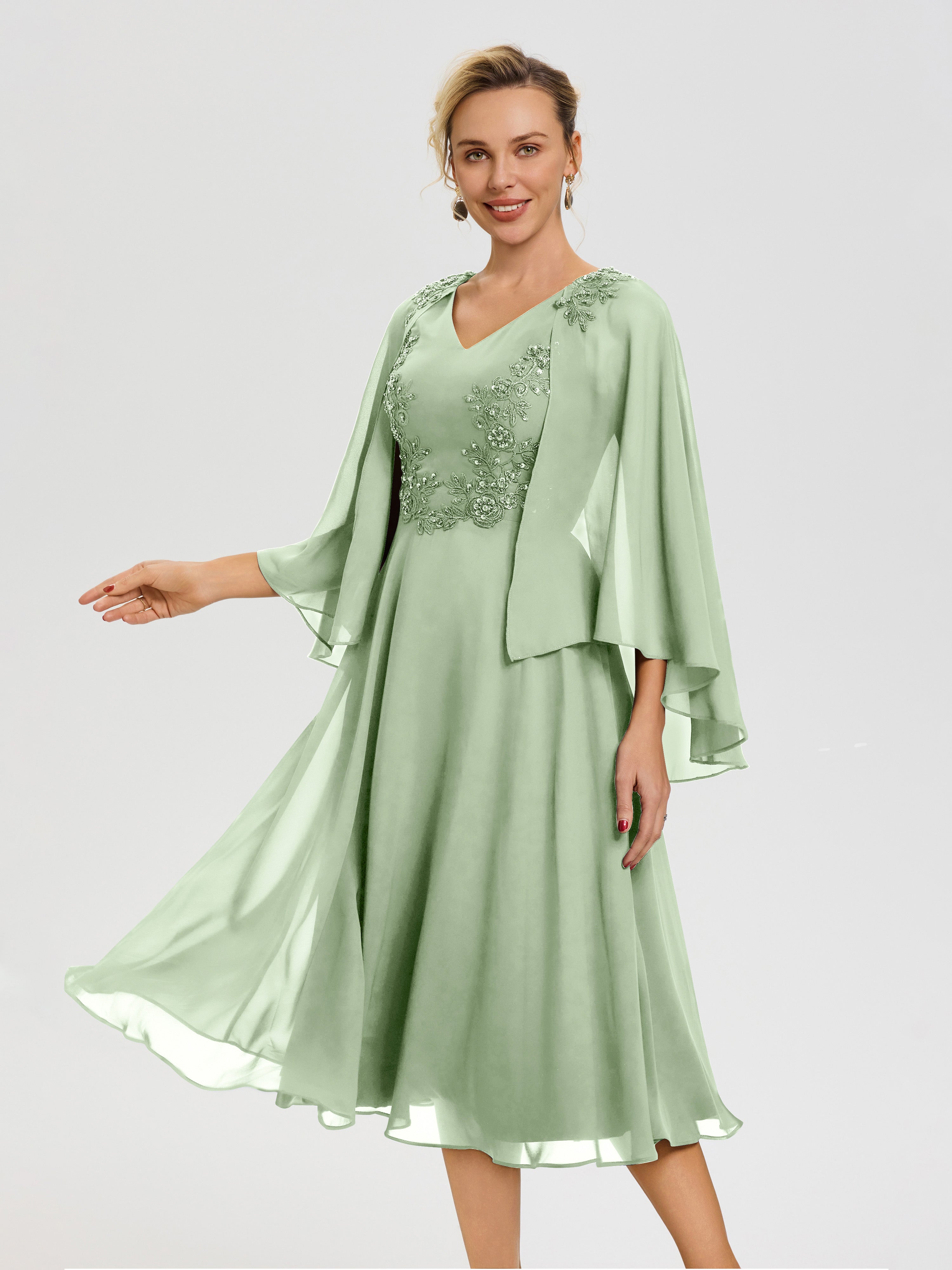 Dusty Sage Green Mother of Bride Dress A-Line Appliques 3/4 Sleeves V-Neck Tea-Length Chiffon Mother of The Bride Dress Dusty Sage Green Mother of Bride Dress A-Line Appliques 3/4 Sleeves V-Neck Tea-Length Chiffon Mother of The Bride Dress
