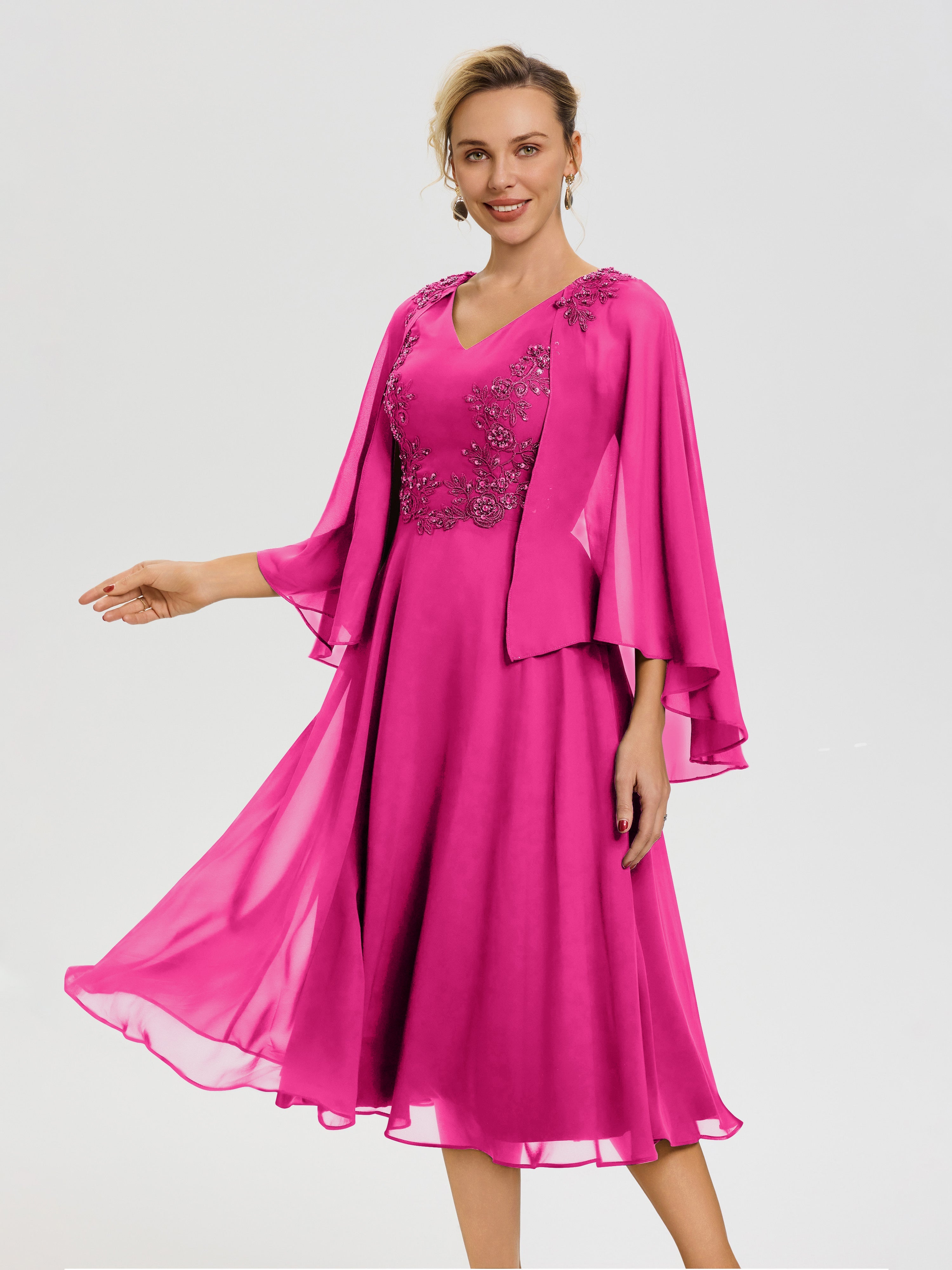 Mother Of The Bride Fuchsia Dresses A-Line Appliques 3/4 Sleeves V-Nec Mother Of The Bride Fuchsia Dresses A-Line Appliques 3/4 Sleeves V-Nec