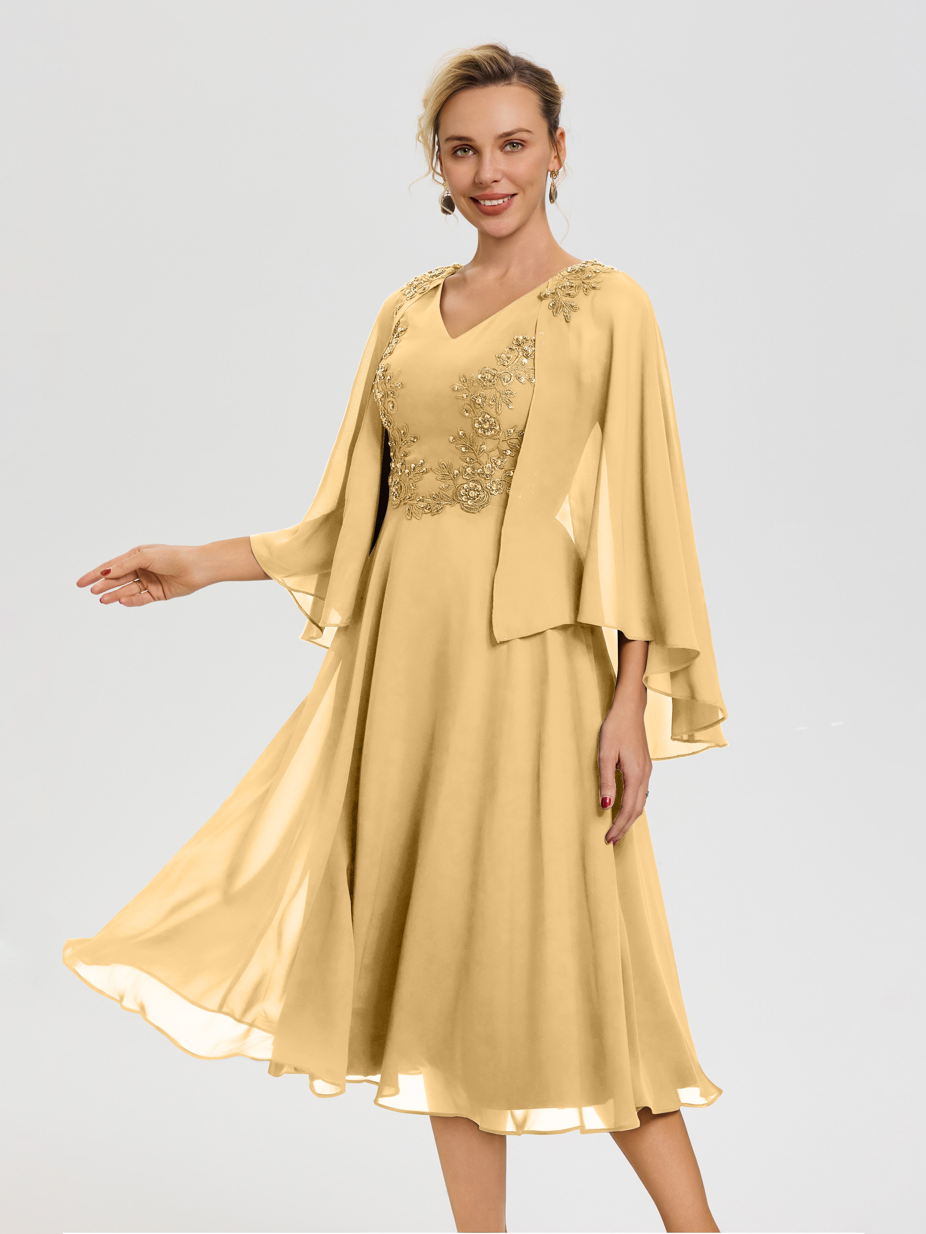 Mother Of Bride Gold Dress A-Line Appliques 3/4 Sleeves V-Neck Tea-Length Chiffon Mother Of The Bride Dress Mother Of Bride Gold Dress A-Line Appliques 3/4 Sleeves V-Neck Tea-Length Chiffon Mother Of The Bride Dress