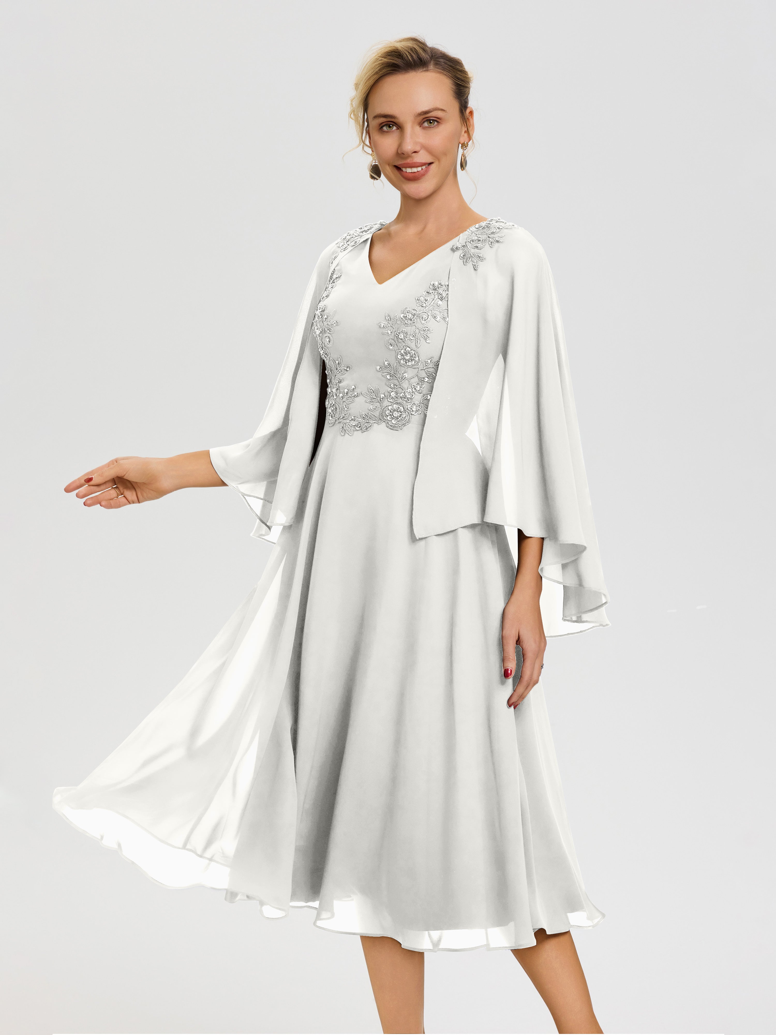 Ivory Mother Of The Bride Dresses A-Line Appliques 3/4 Sleeves V-Neck Tea-Length Chiffon Mother Of The Bride Dress Ivory Mother Of The Bride Dresses A-Line Appliques 3/4 Sleeves V-Neck Tea-Length Chiffon Mother Of The Bride Dress