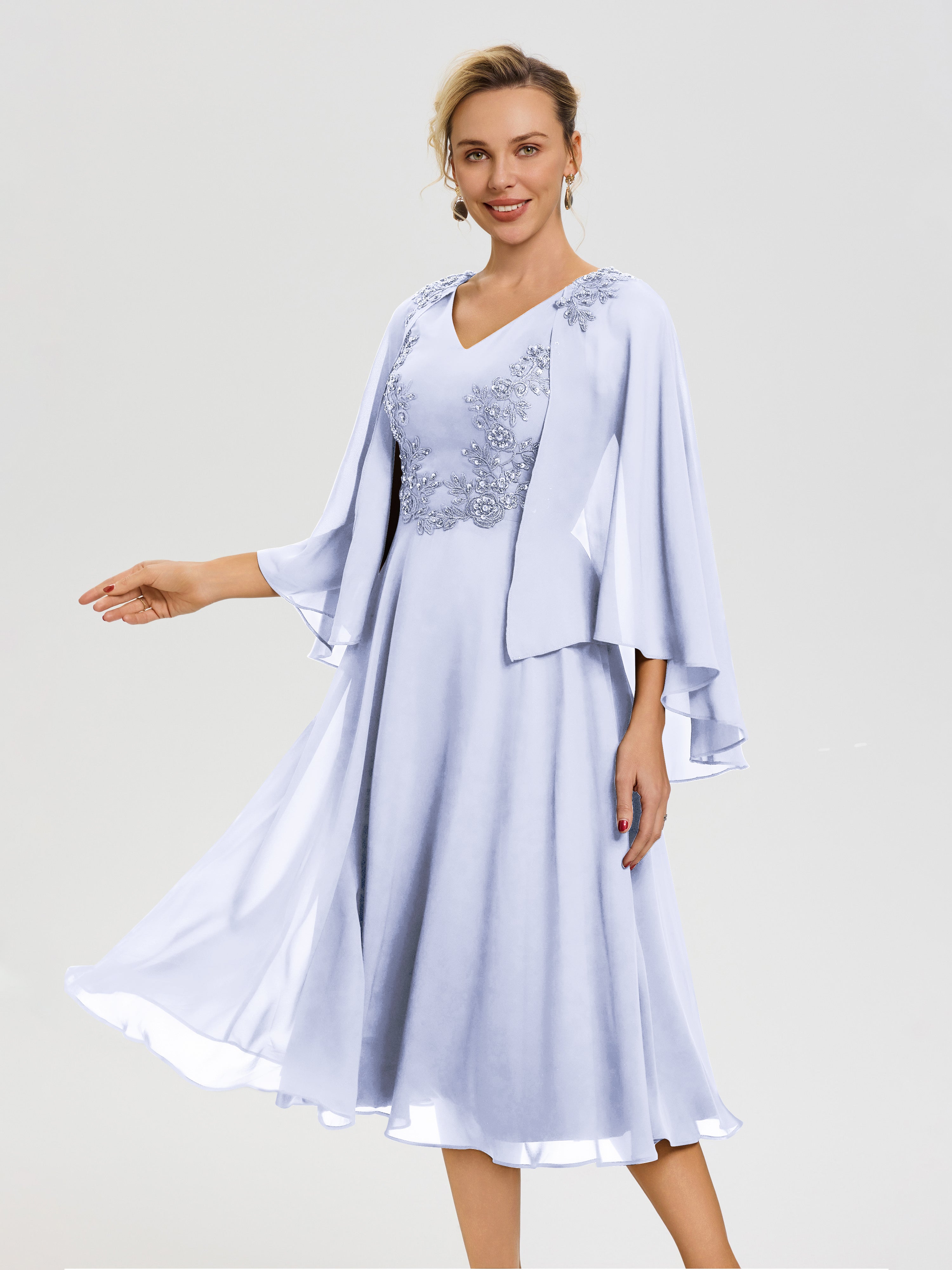 Lavender Mother Of Bride Dress A-Line Appliques 3/4 Sleeves V-Neck Tea Lavender Mother Of Bride Dress A-Line Appliques 3/4 Sleeves V-Neck Tea