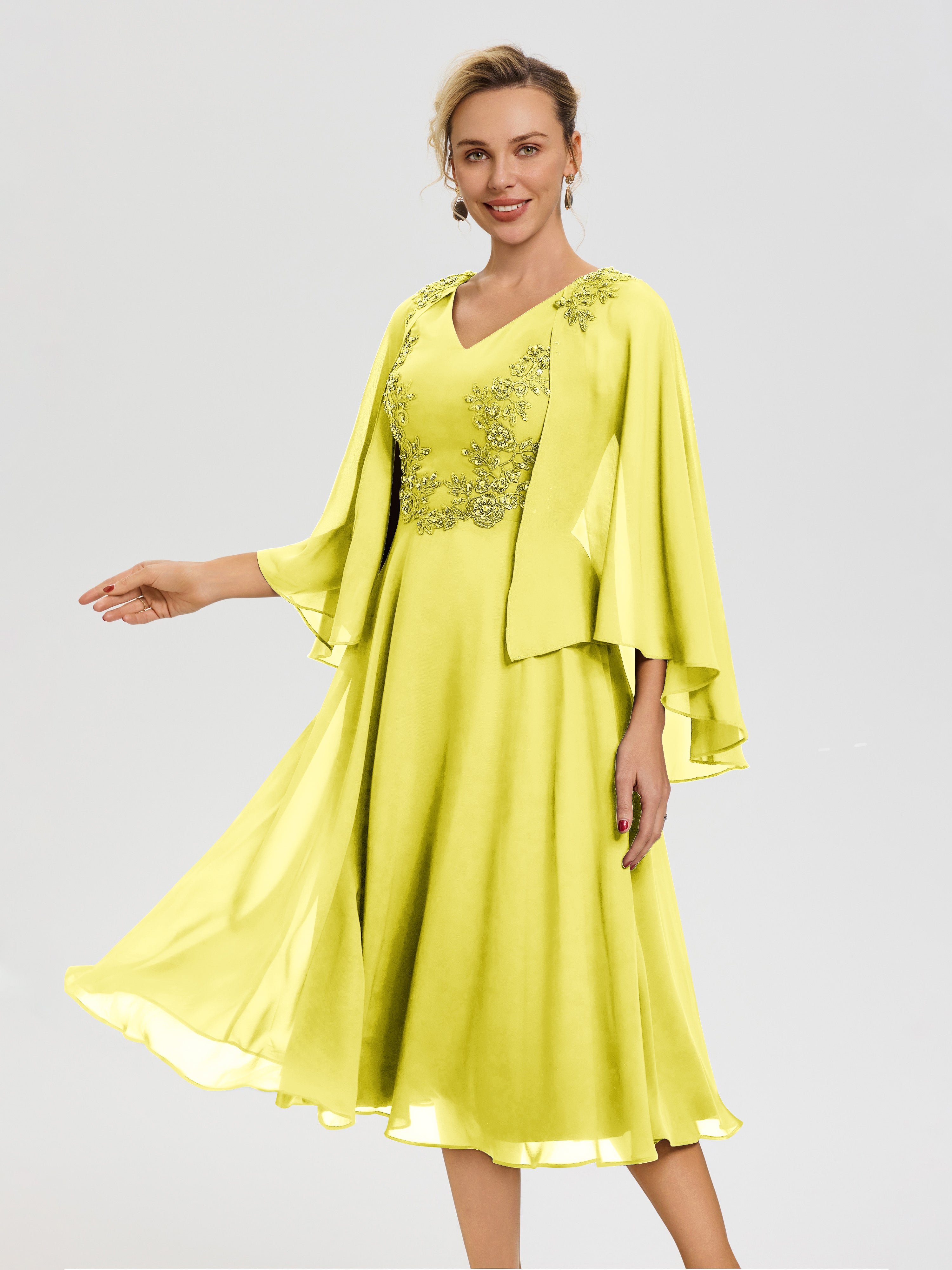 Mother Of The Bride Lemon Dresses A-Line Appliques 3/4 Sleeves V-Neck Tea-Length Chiffon Mother Of The Bride Dress