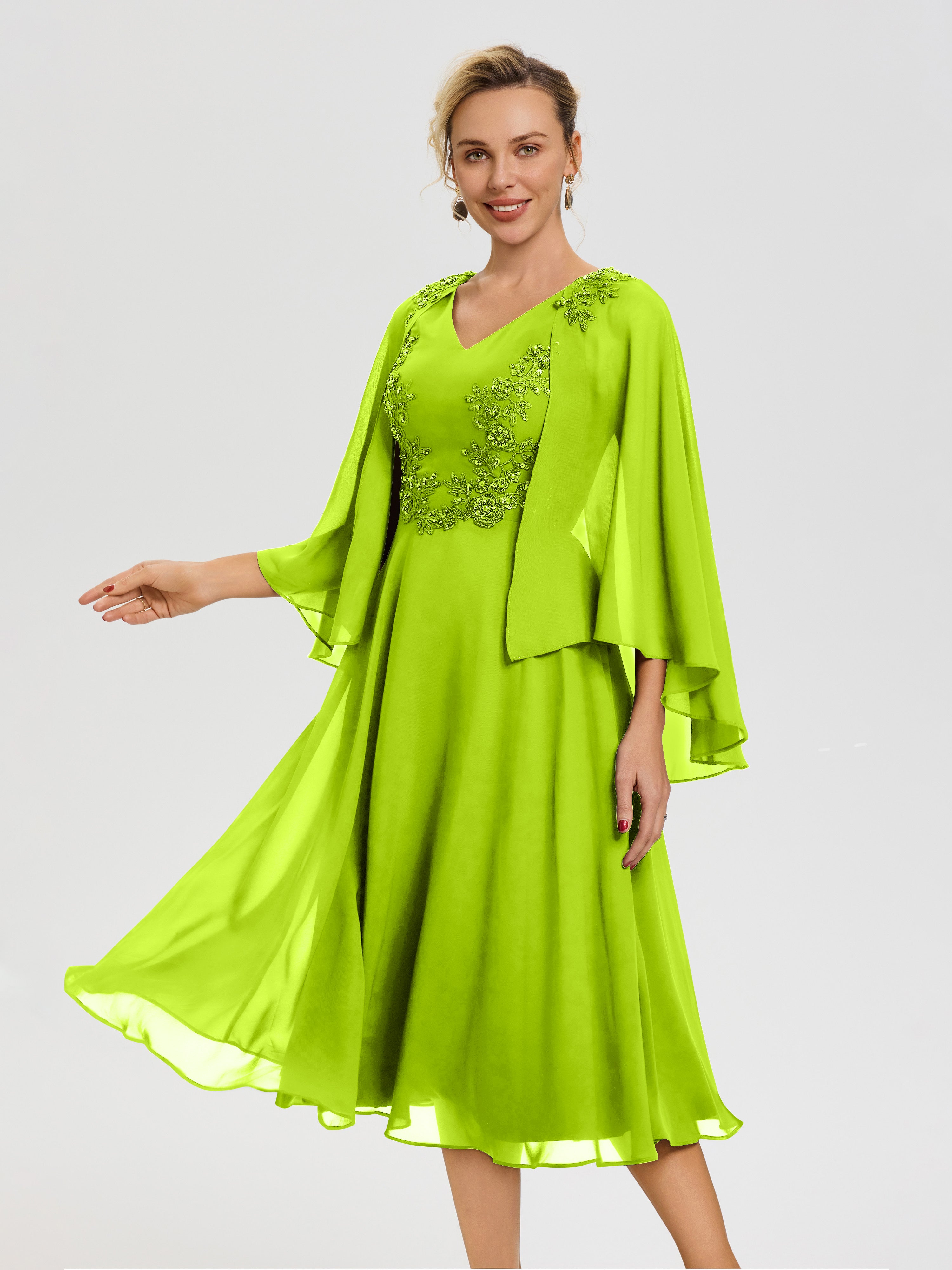Lime Green Mother Of The Bride Dress A-Line Appliques 3/4 Sleeves V-Neck Tea-Length Chiffon Mother Of The Bride Dress Lime Green Mother Of The Bride Dress A-Line Appliques 3/4 Sleeves V-Neck Tea-Length Chiffon Mother Of The Bride Dress